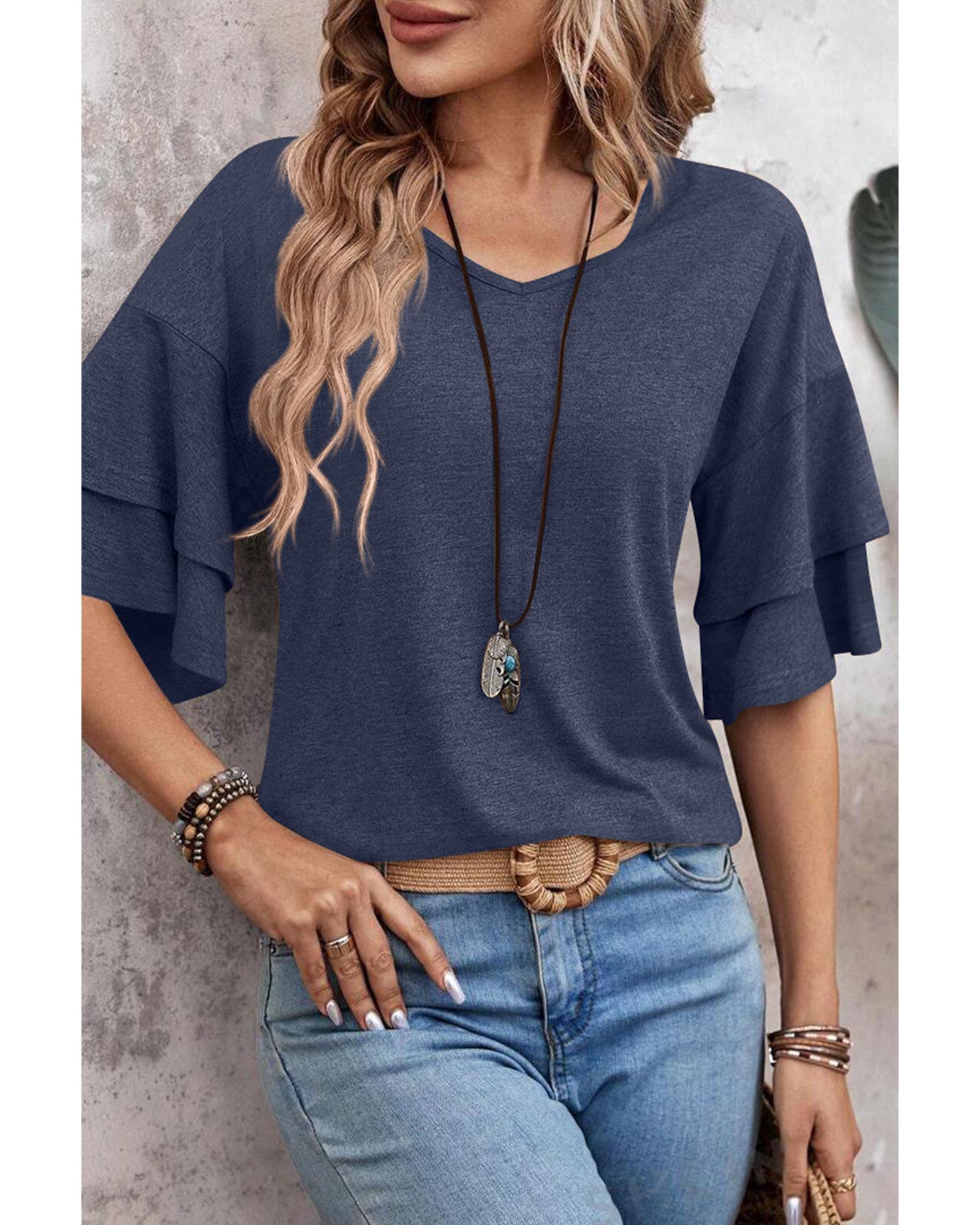 V539-AZEXDC25226075-P905-M-202508271730-00 Sail Blue Solid Colour V-Neck Double Layer Sleeve Loose T-Shirt - M - Image 1