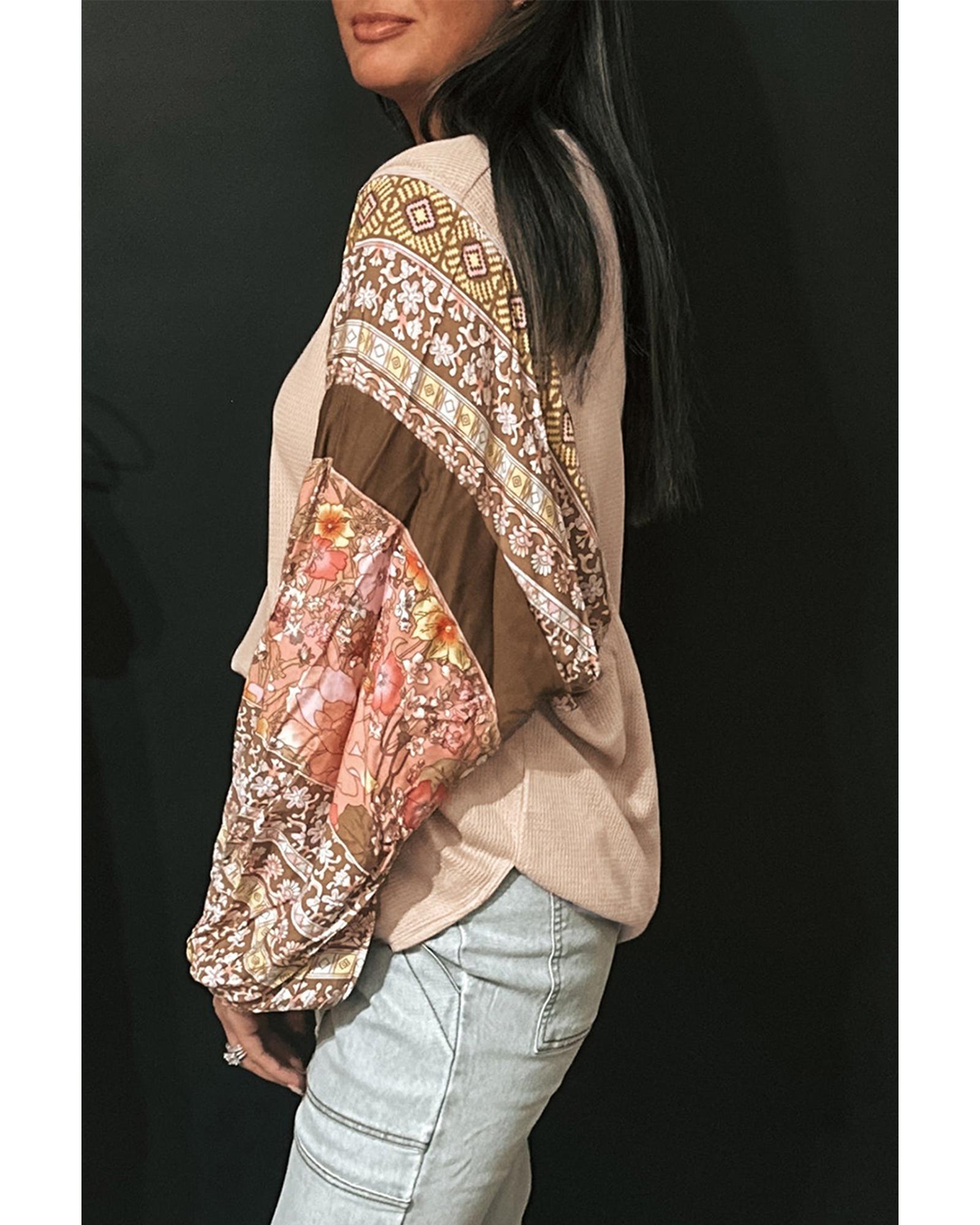 V539-AZEXDC25226220-P6016-L-202508270415-00 Parchment Contrast Floral Patchwork Puff Sleeve Waffle Knit Top - L - Image 1