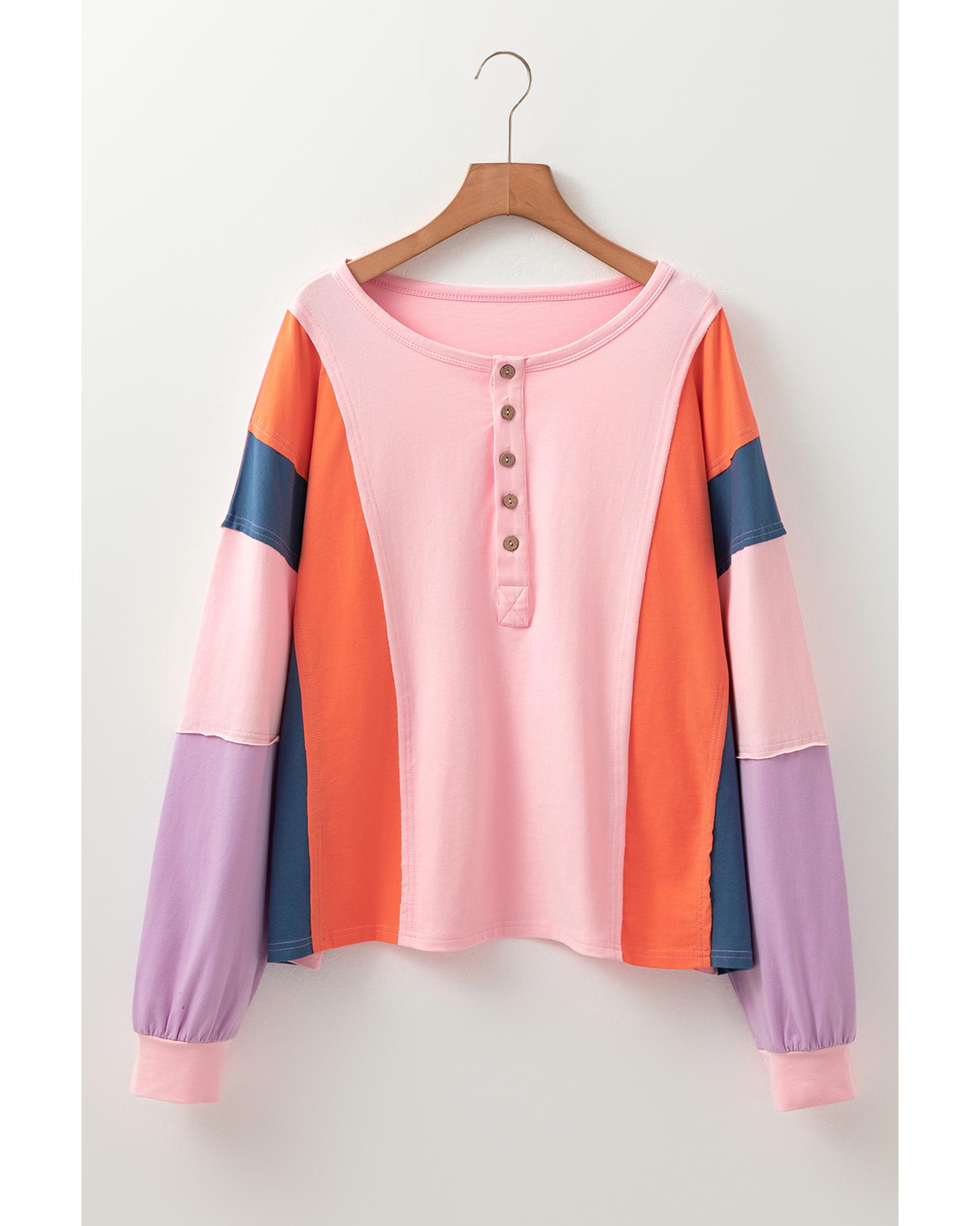 V539-AZEXDC25226490-P1022-M-202508272315-00 Pink Colorblock Long Sleeve Buttons Henley Top - M - Image 1