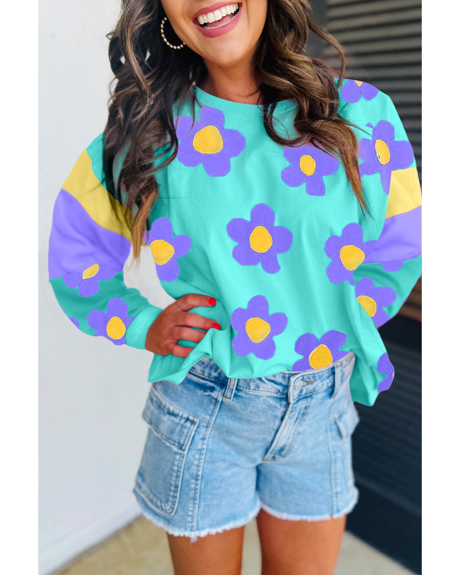 V539-AZEXDC25226579-P420-S-202506121537-00 Sky Blue Floral Color Block Long Sleeve Loose Top - S - Image 1