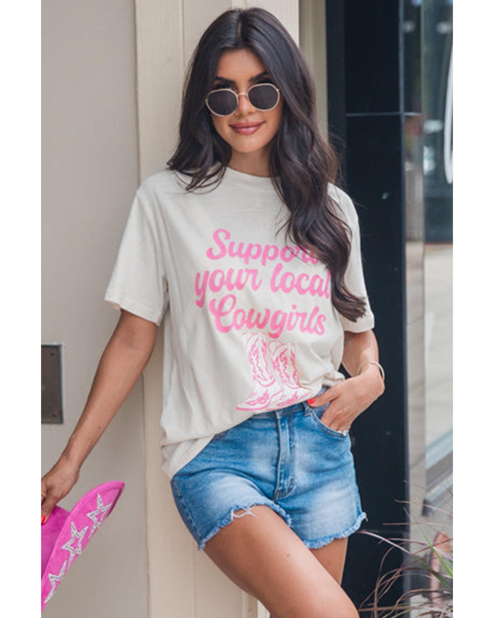 V539-AZEXDC25226658-1-2XL-202508270925-00 White Support Your Local Cowgirls Boots Print Crewneck Tee - 2XL - Image 1