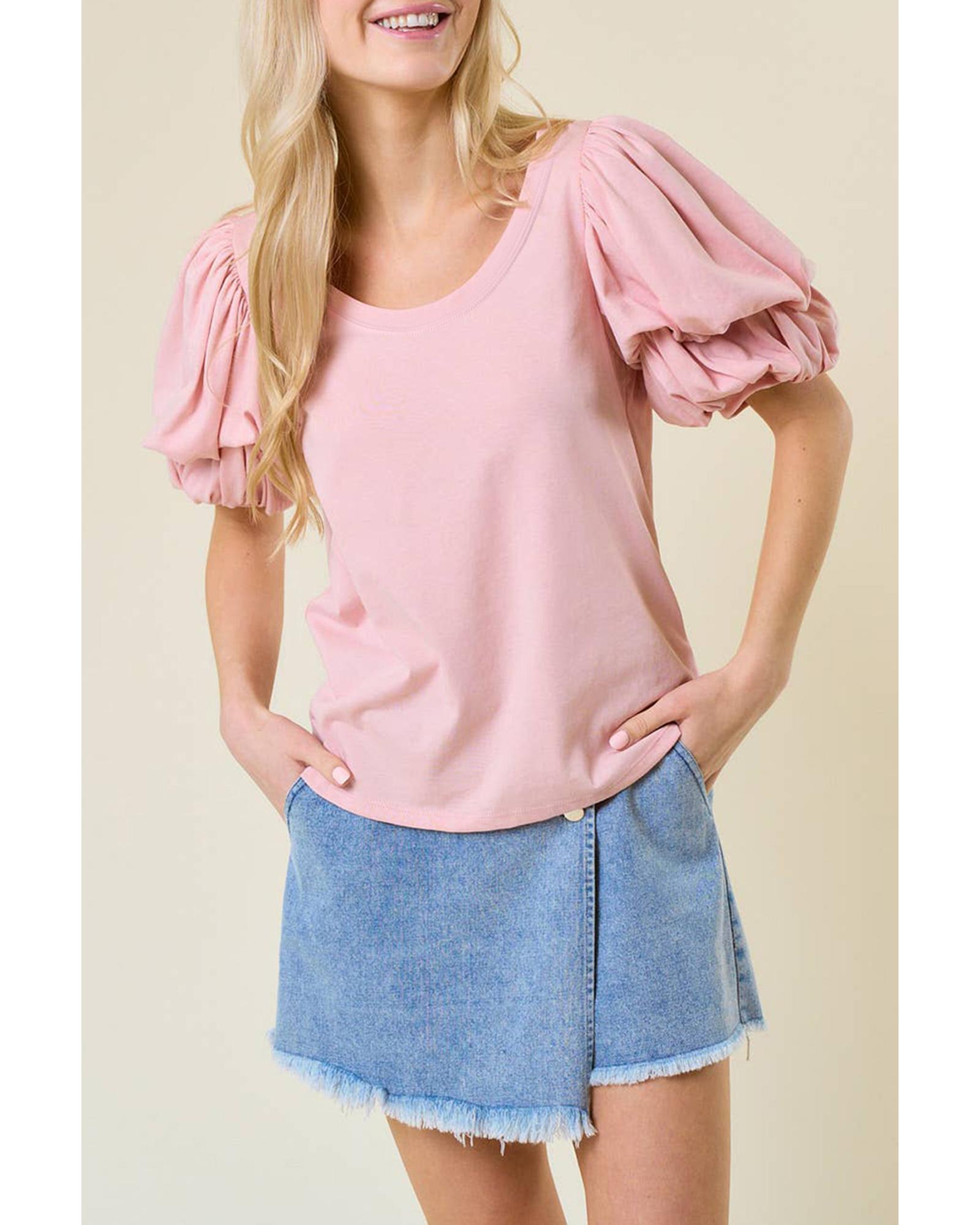 V539-AZEXDC25226708-P1010-S-202506121647-00 Light Pink Scoop Neck Bubble Sleeve Tee - S - Image 1