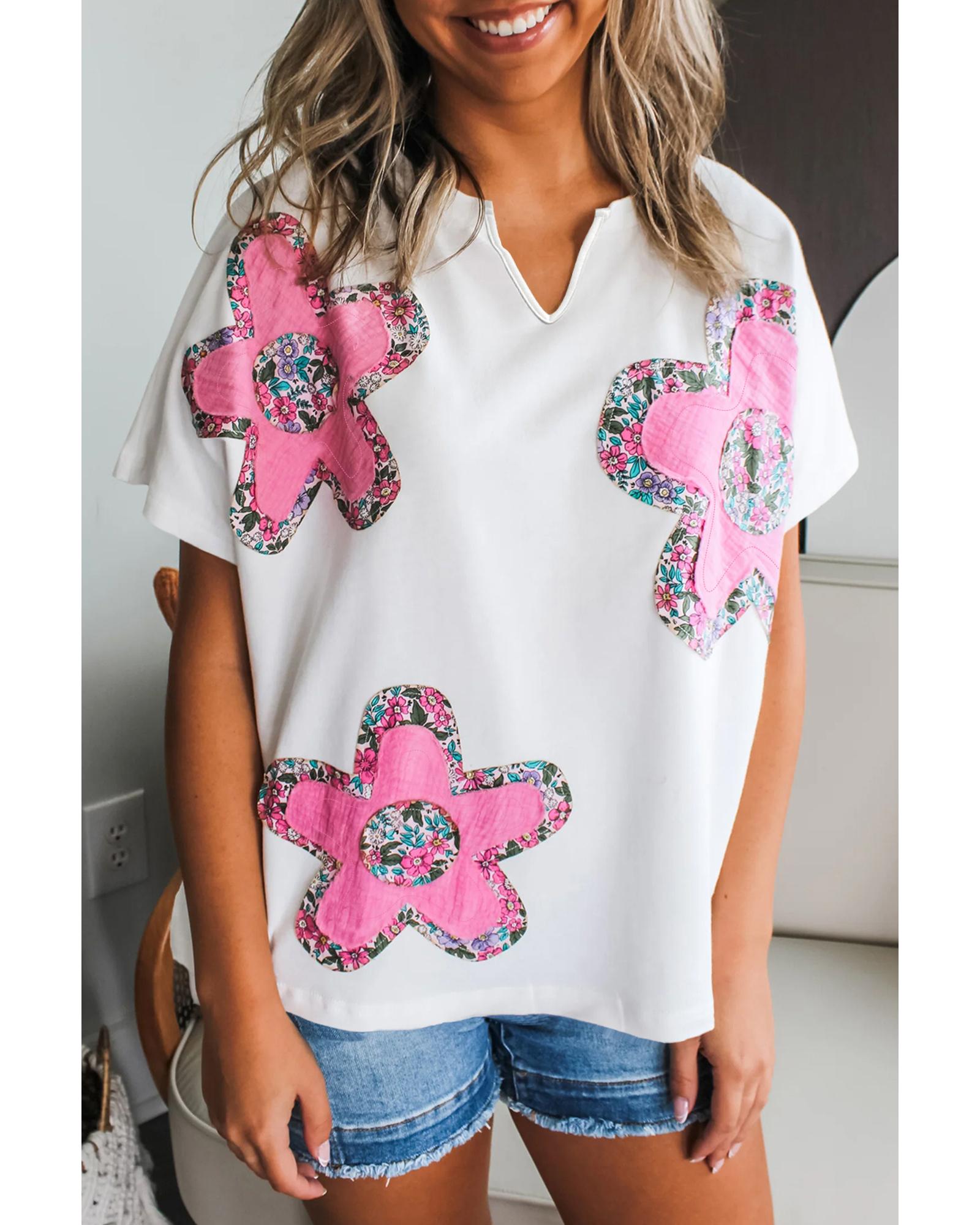 V539-AZEXDC25226714-P1-XL-202508272145-00 White Floral Applique Notched V Neck Dolman Sleeve Top - XL - Image 1