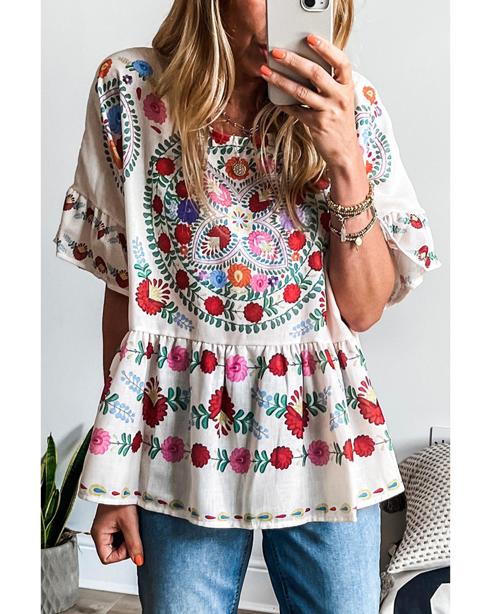 V539-AZEXDC25226715-P1-S-202506121706-00 White Boho Floral Print Round Neck Ruffle Trim Blouse - S - Image 1