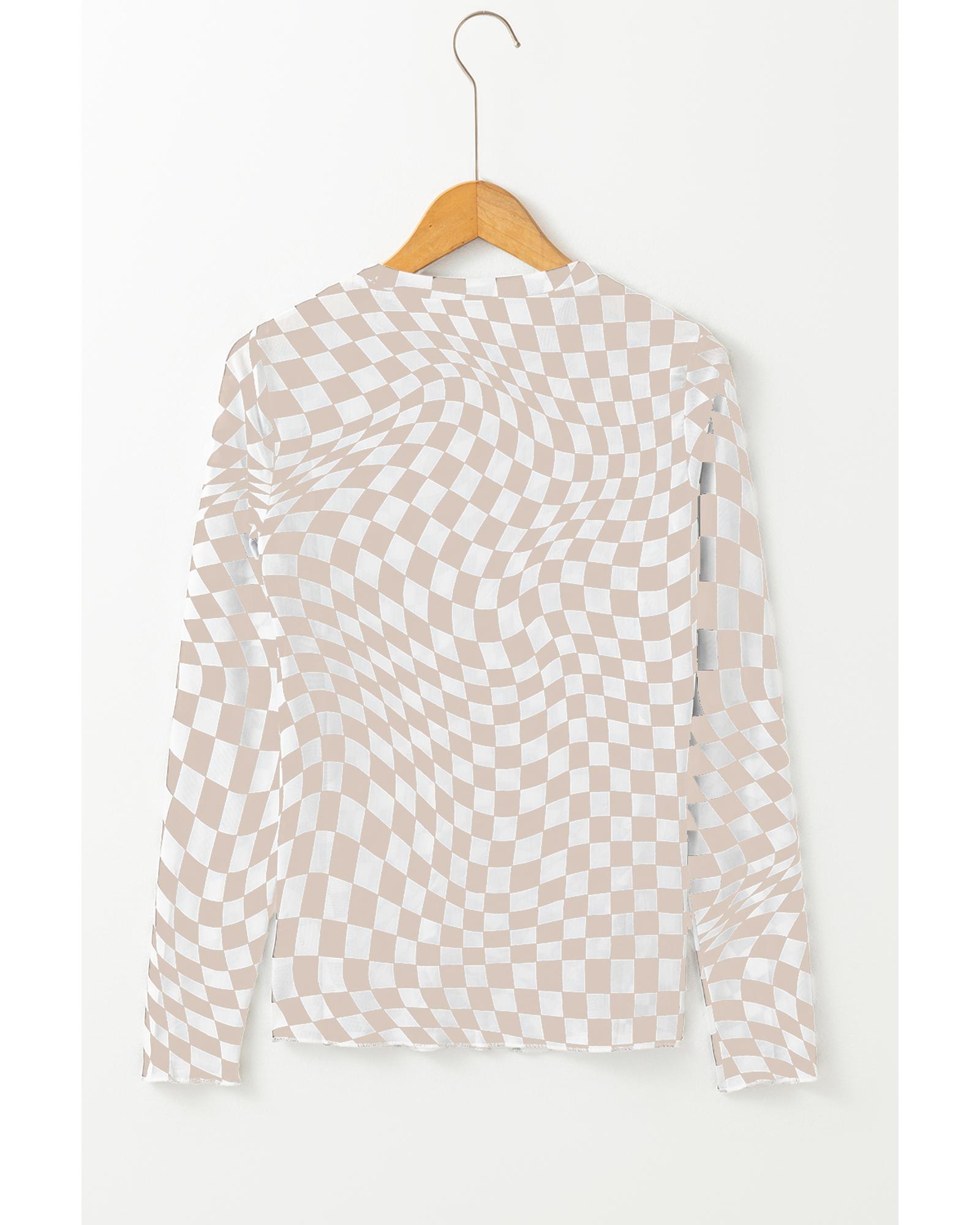 V539-AZEXDC25226716-P1620-L-202508280005-00 Khaki Checkered Pattern Mesh Mock Neck Long Sleeve Top - L - Image 1