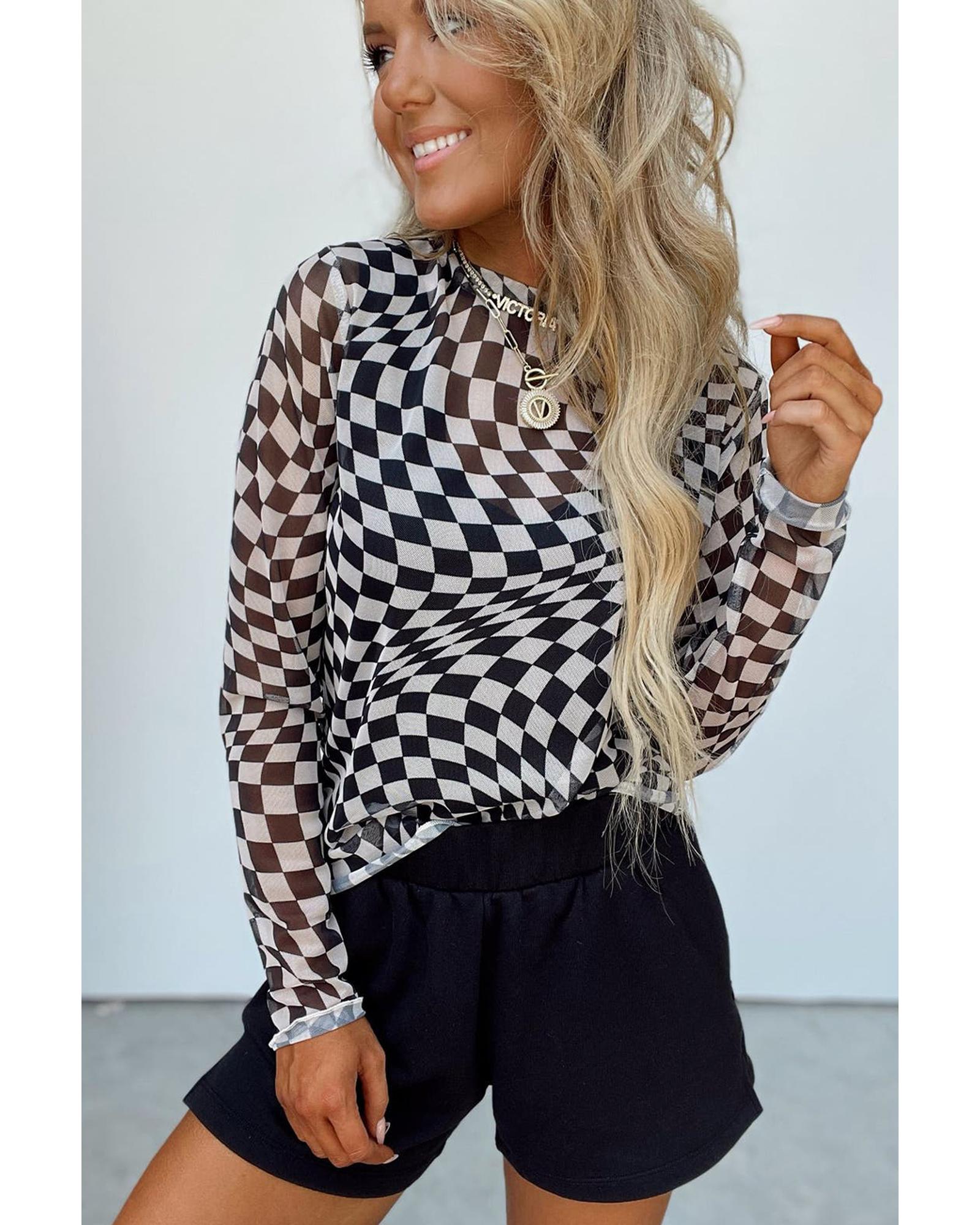 V539-AZEXDC25226716-P220-L-202508270650-00 Black Checkered Pattern Mesh Mock Neck Long Sleeve Top - L - Image 1