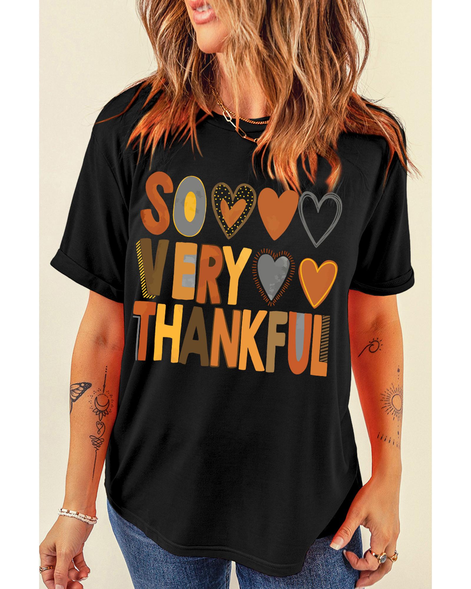 V539-AZEXDC25226722-2-L-202508271800-00 Black So Very Thankful Heart Printed Crewneck Thanksgiving T Shirt - L - Image 1