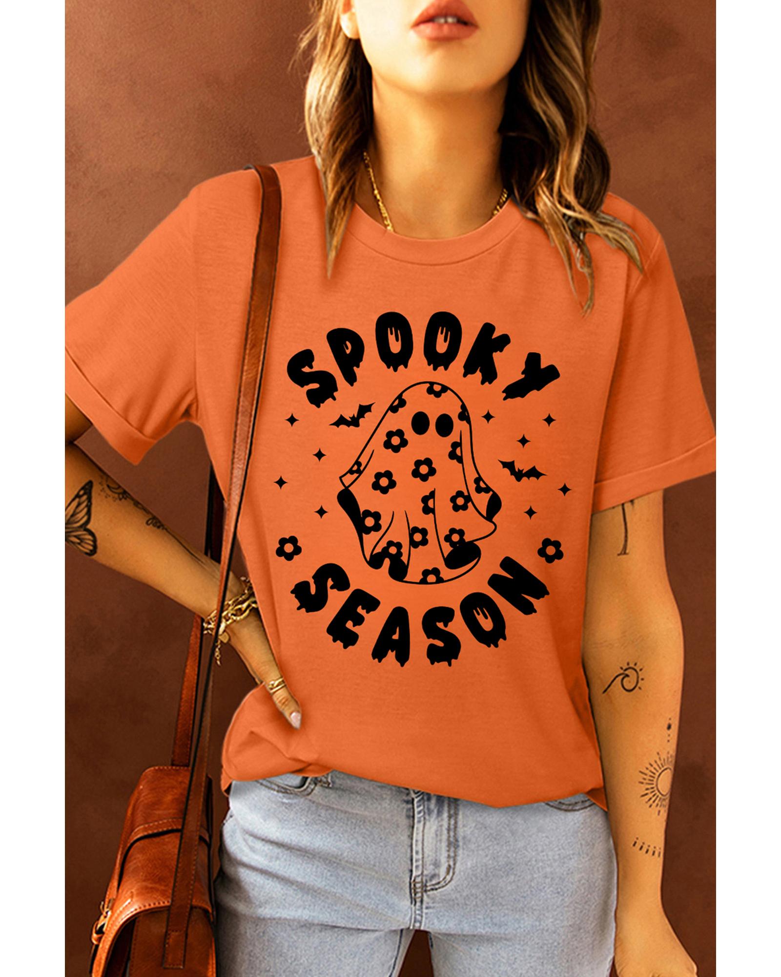V539-AZEXDC25226724-14-S-202506121727-00 Orange SPOOKY SEASON Ghost Print Crew Neck Halloween Tee - S - Image 1