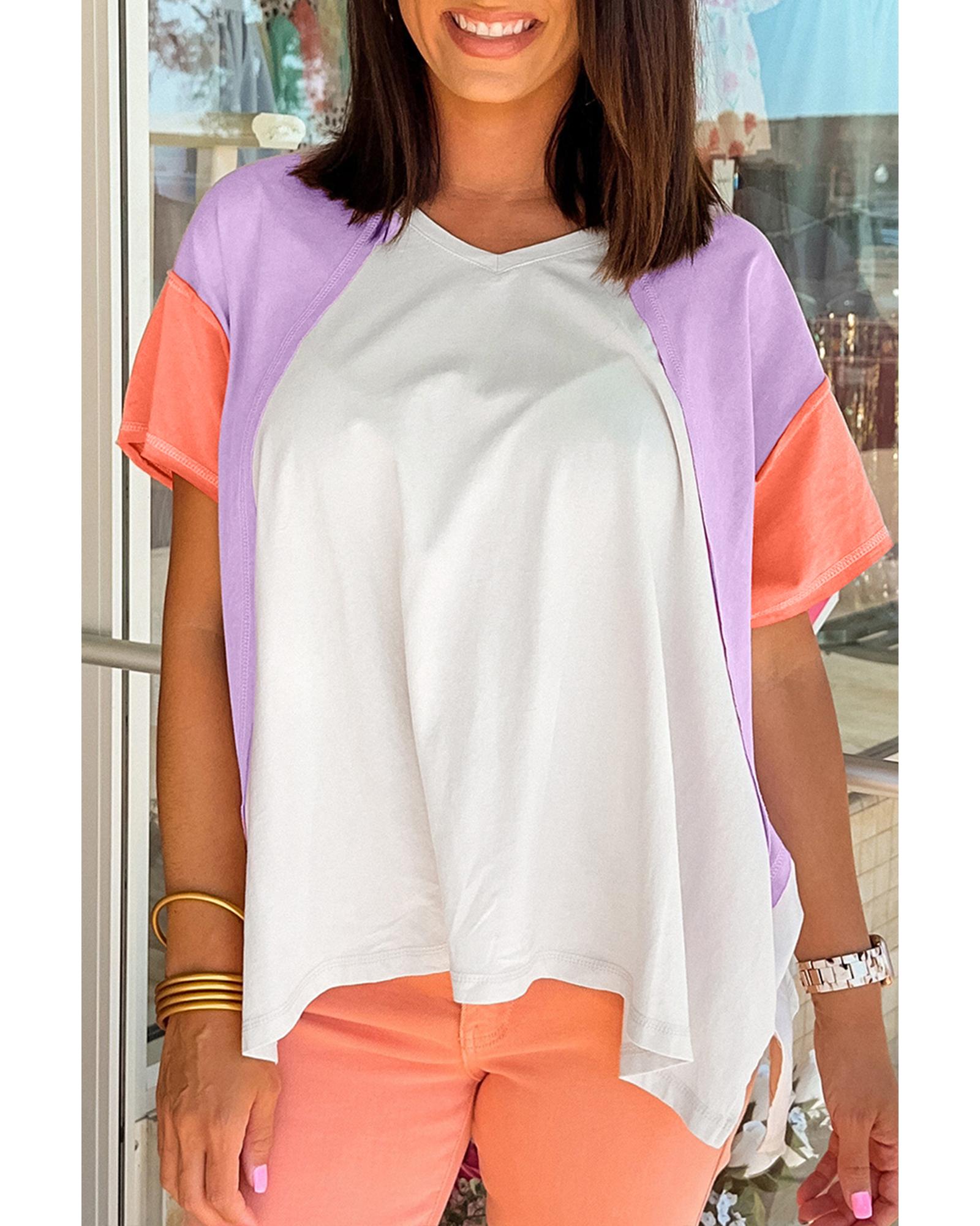 V539-AZEXDC25226762-P1522-L-202508271545-00 Beige Colorblock Patchwork V Neck Exposed Seam High Low T Shirt - L - Image 1