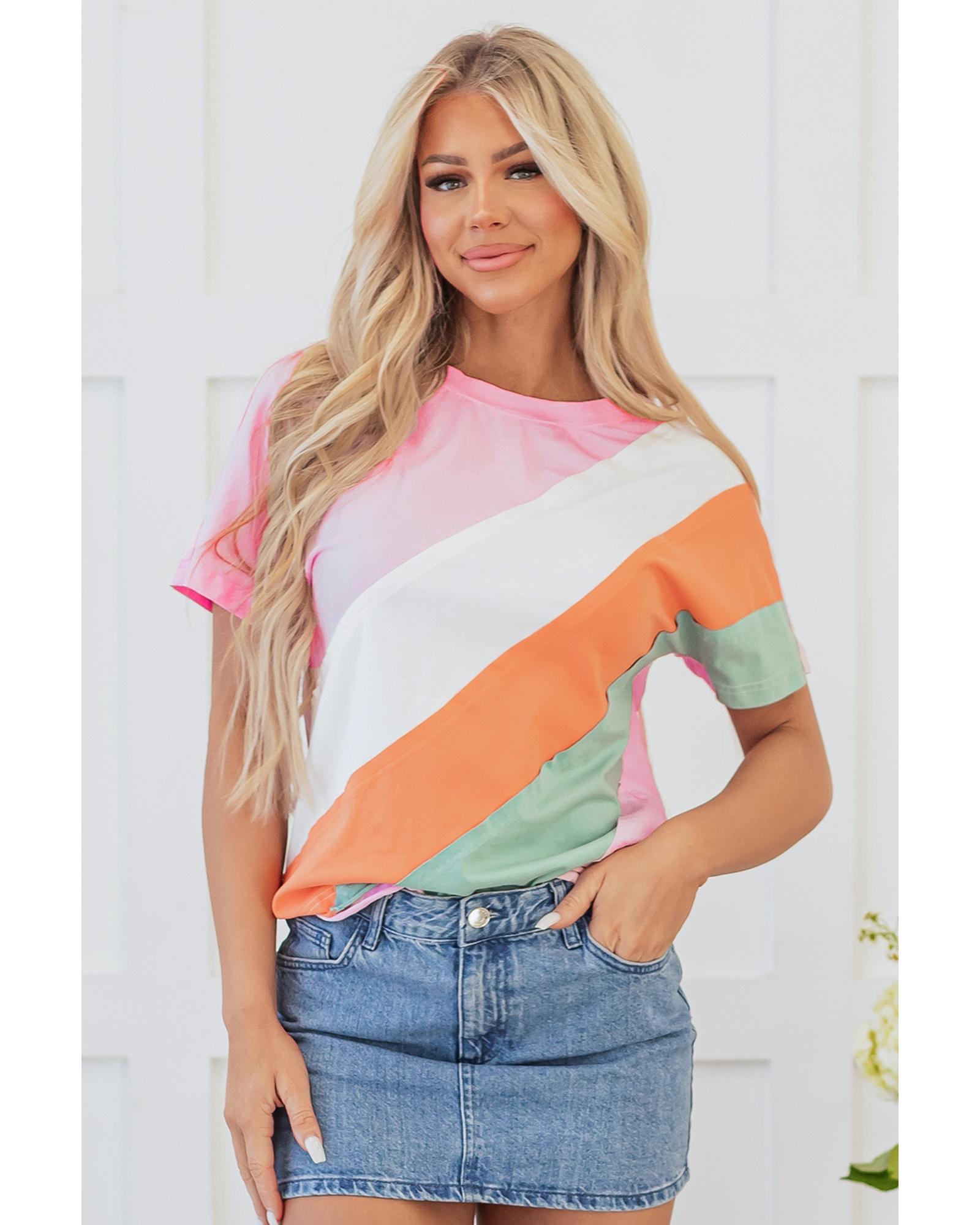 V539-AZEXDC25226763-P10-S-202506121916-00 Pink Color Block Patchwork Seamed Crewneck T Shirt - S - Image 1