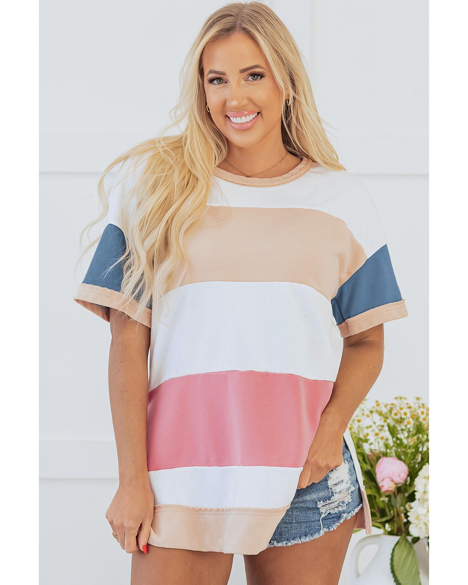 V539-AZEXDC25226764-P22-M-202508270615-00 Multicolour Colorblock Patchwork Side Split Tunic T Shirt - M - Image 1