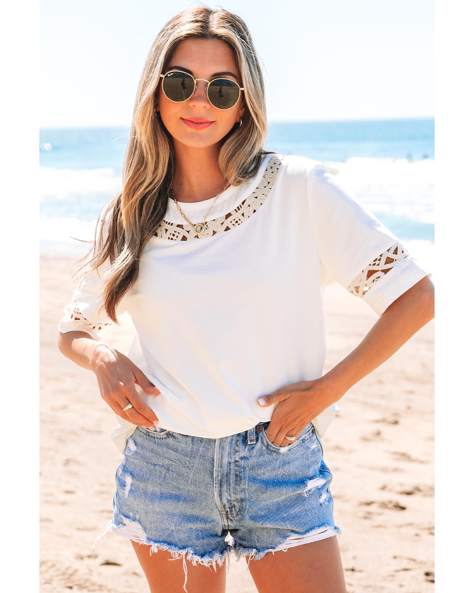 V539-AZEXDC25226765-P1-S-202508272235-00 White Lace Crochet Crew Neck Casual T Shirt - S - Image 1