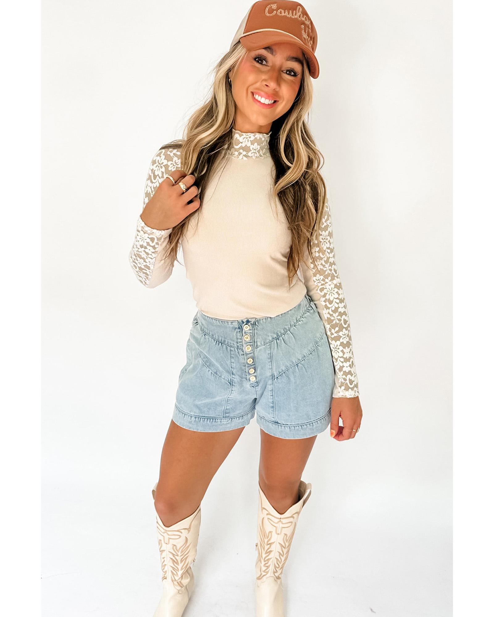 V539-AZEXDC25226767-P15-XL-202508271845-00 Beige Floral Lace Patchwork Long Sleeve High Neck Slim Top - XL - Image 1