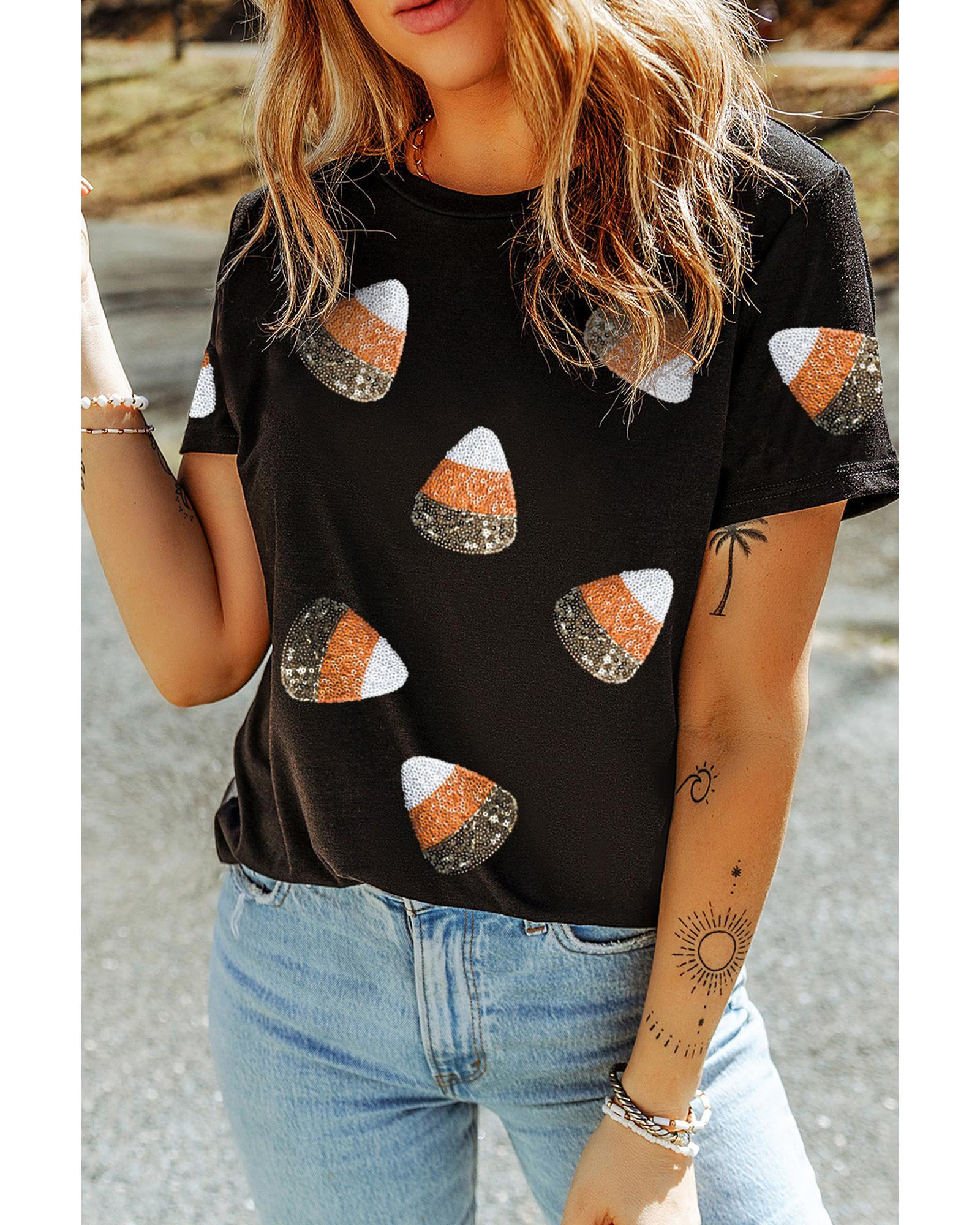 V539-AZEXDC25226783-2-M-202508271205-00 Black Sequin Triangle Patched Pattern Halloween T Shirt - M - Image 1