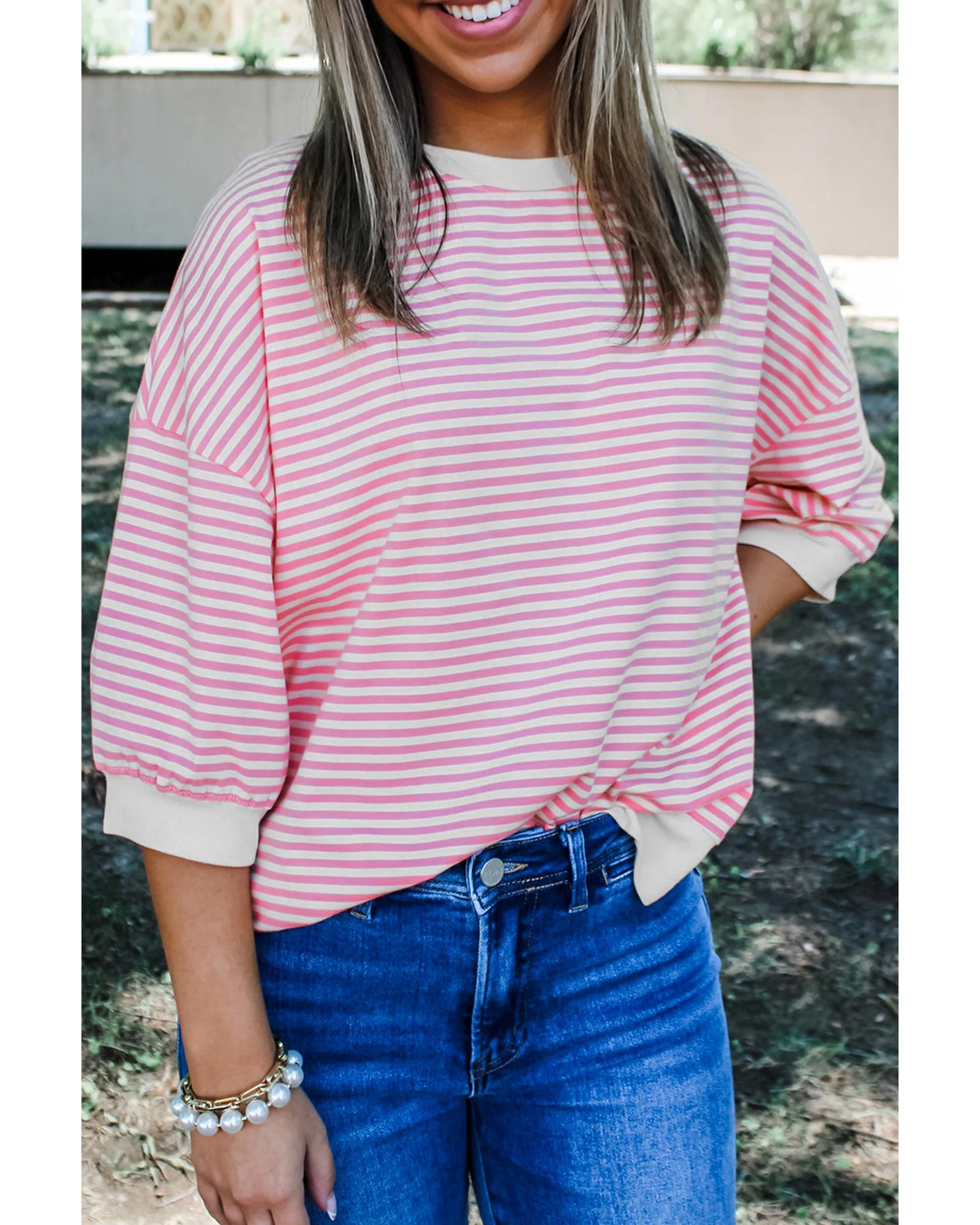 V539-AZEXDC25226788-P10-XL-202508281430-00 Pink Striped 3/4 Sleeve Drop Shoulder Top - XL - Image 1