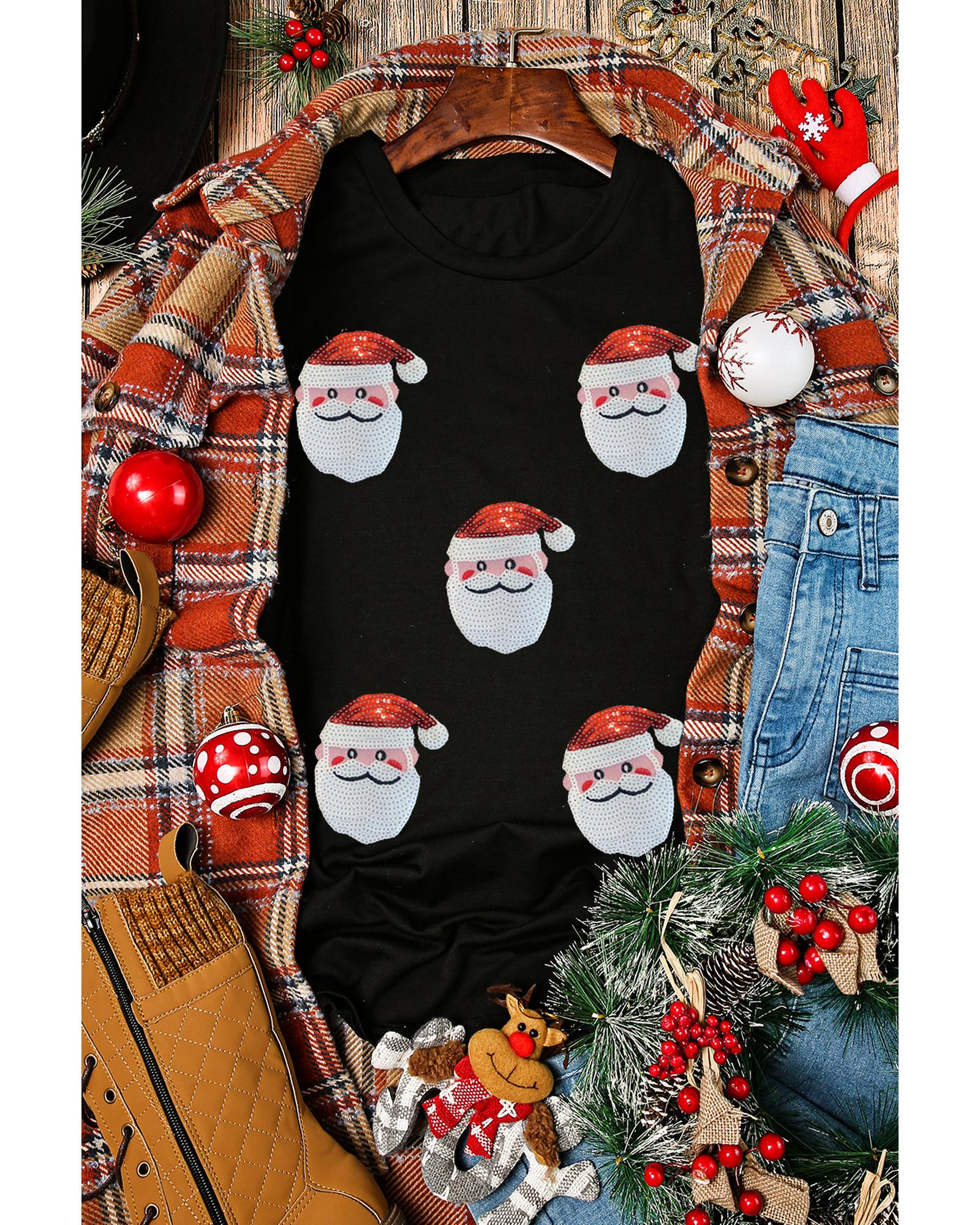 V539-AZEXDC25226862-2-XL-202508300610-00 Black Sequin Christmas Claus Pattern Crewneck T Shirt - XL - Image 1