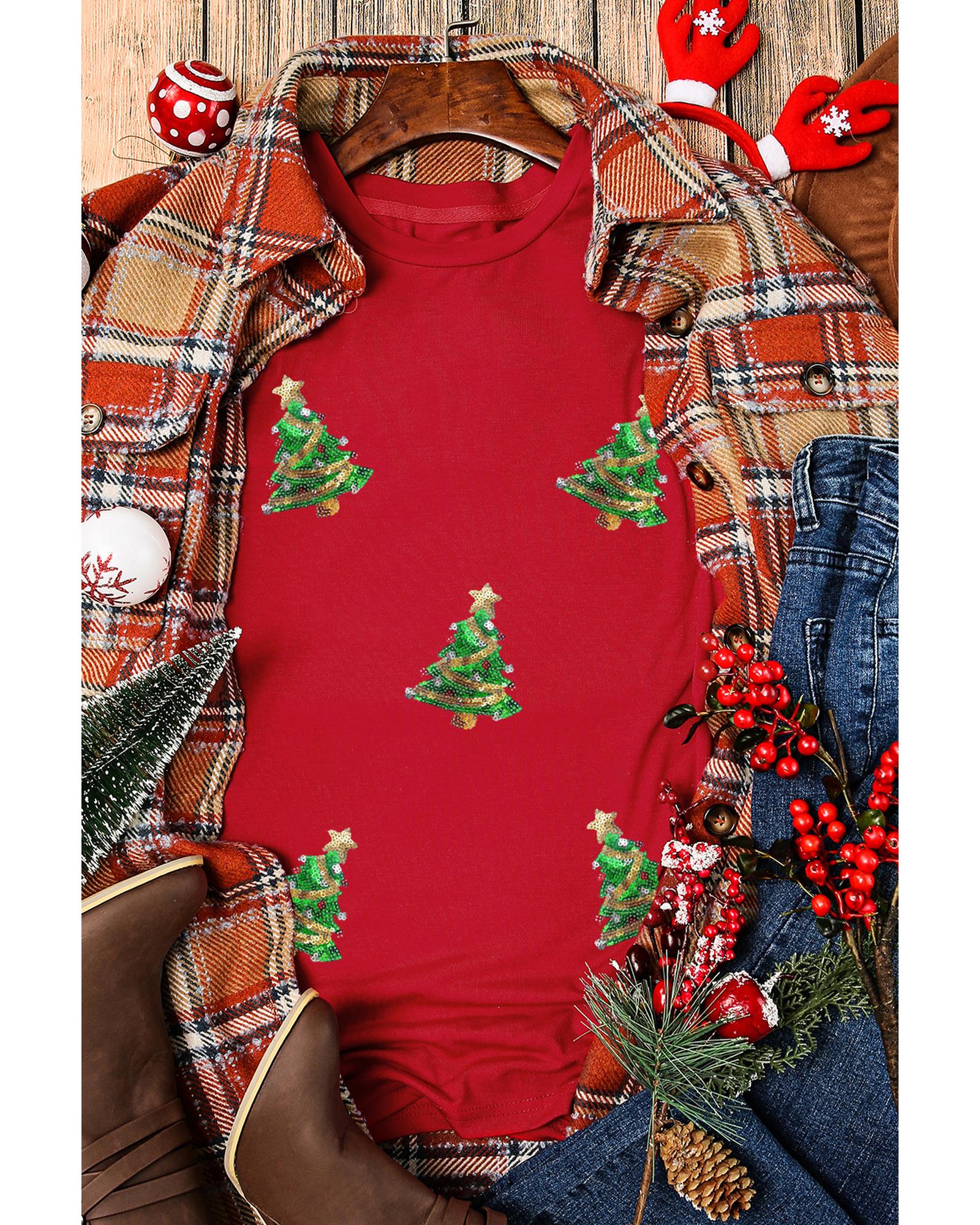 V539-AZEXDC25226863-103-S-202506121542-00 Red Sequined Christmas Tree Graphic Crewneck T Shirt - S - Image 1
