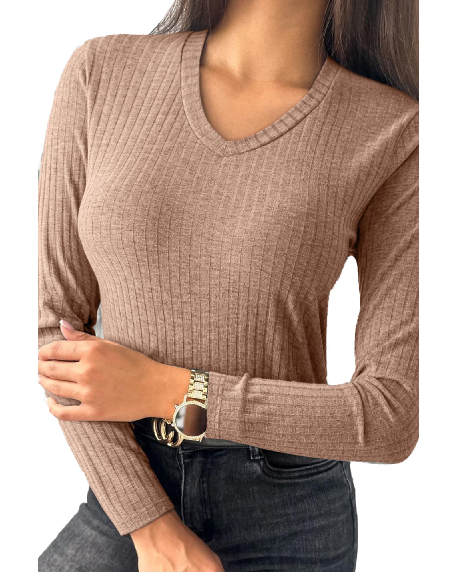 V539-AZEXDC25226886-P8016-L-202508291505-00 Straw Yellow Ribbed Knit V Neck Long Sleeve Slim Fit Top - L - Image 1