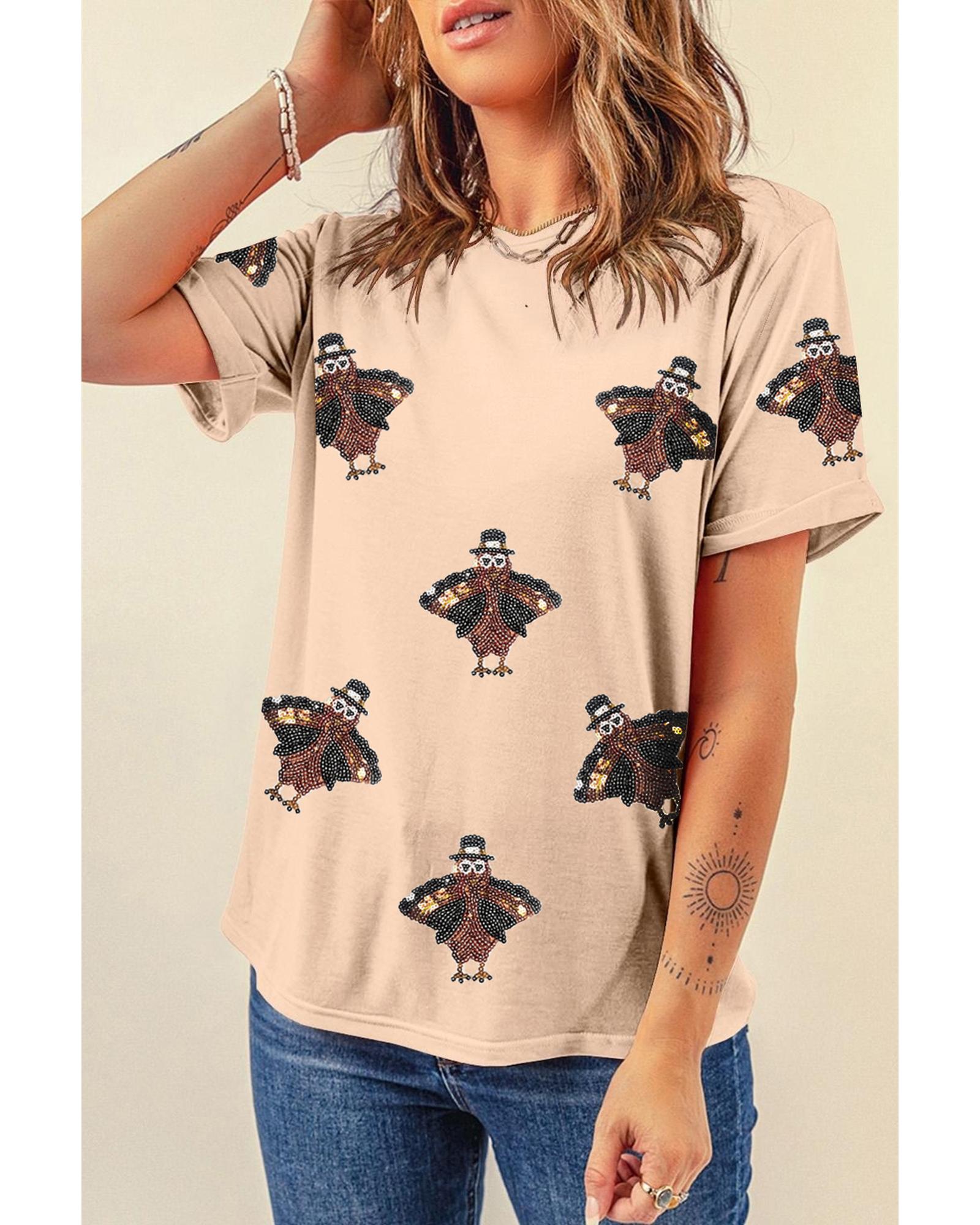 V539-AZEXDC25226919-16-S-202506121637-00 Khaki Sequined Turkey Patched Pattern Crewneck Thanksgiving T Shirt - S - Image 1