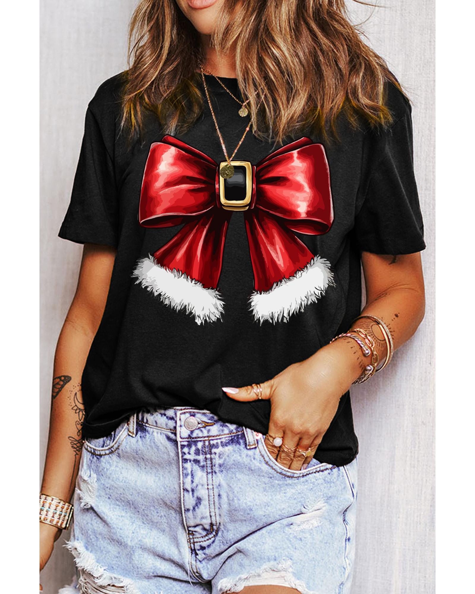 V539-AZEXDC25226942-2-S-202506121706-00 Black Christmas Big Bowknot Graphic Crewneck T Shirt - S - Image 1
