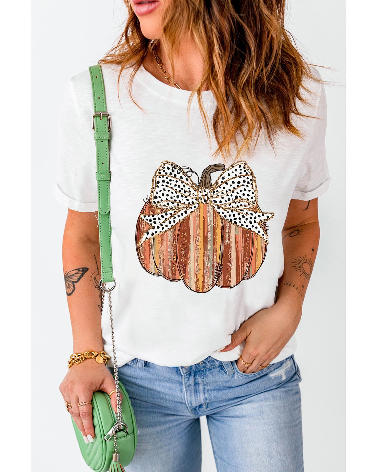 V539-AZEXDC25226981-1-XL-202506121727-00 White Thanksgiving Bow Knot Pumpkin Print Round Neck T Shirt - XL - Image 1