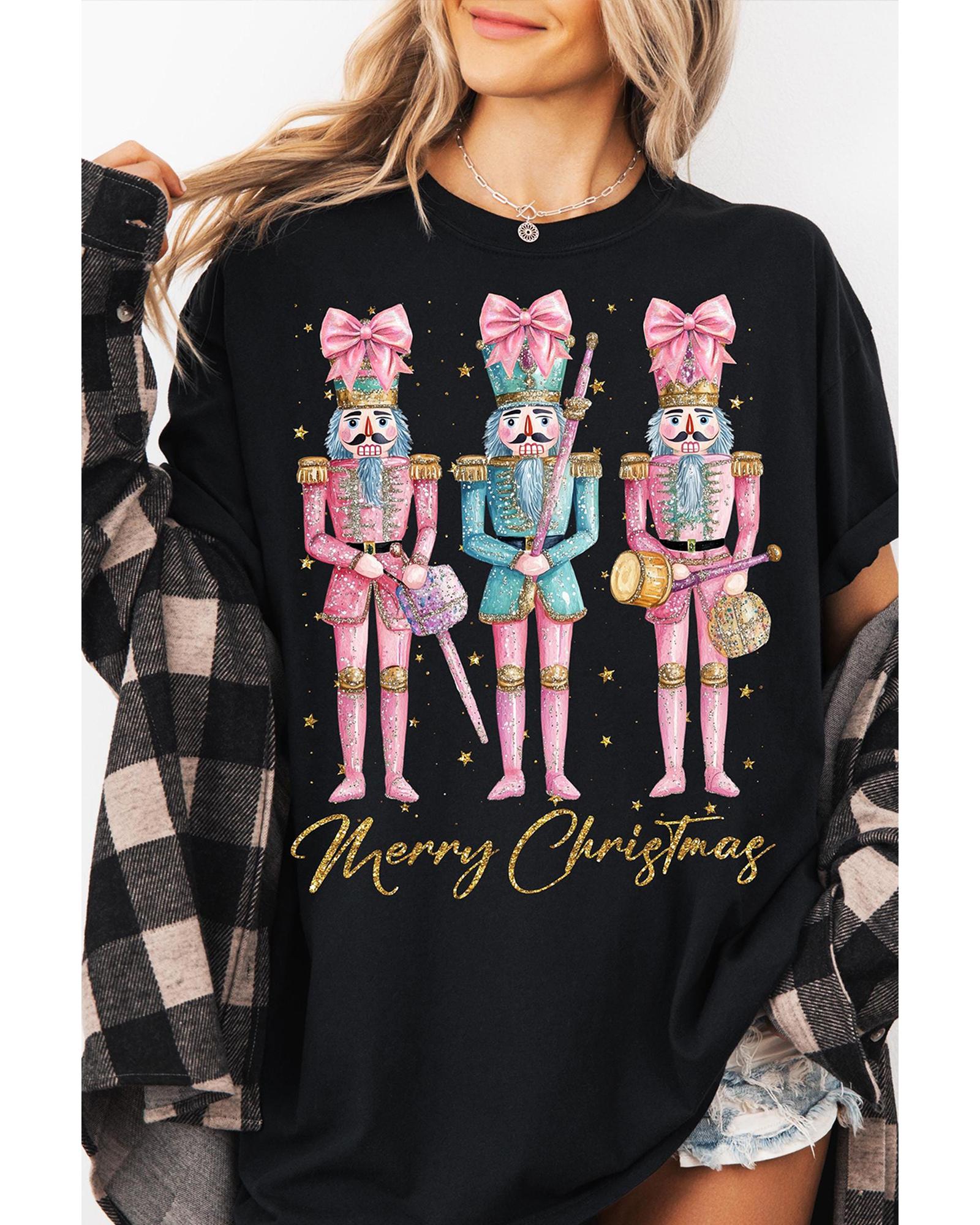 V539-AZEXDC25227042-2-2XL-202508270810-00 Black Nutcracker Merry Christmas Printed Crewneck T Shirt - 2XL - Image 1