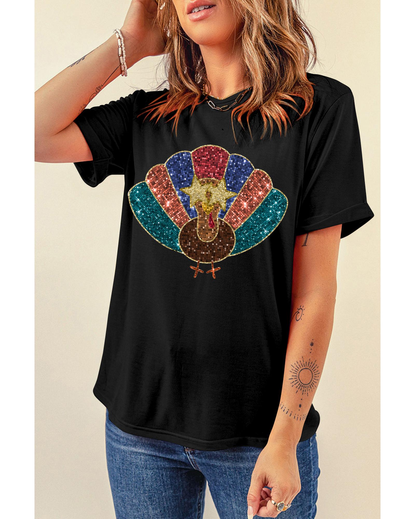 V539-AZEXDC25227047-2-M-202508272015-00 Black Glitter Turkey Heat Transfer Printing Thanksgiving T Shirt - M - Image 1