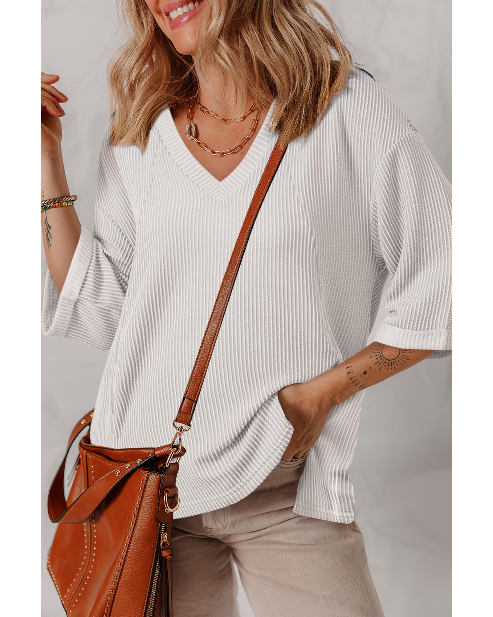 V539-AZEXDC25227163-P1-2XL-202508300240-00 White Solid Color Corded Drop Shoulder 3/4 Sleeve V Neck Top - 2XL - Image 1