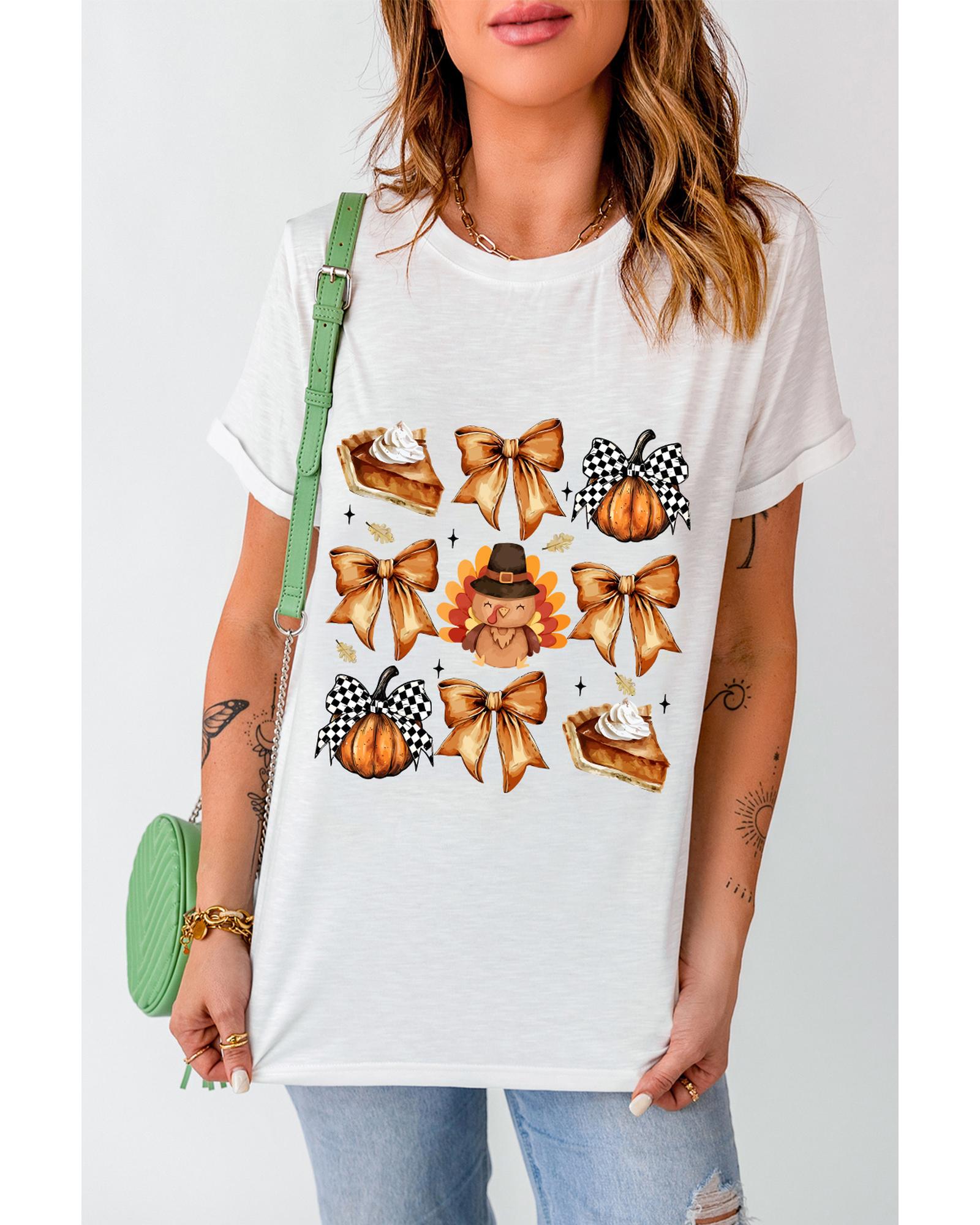 V539-AZEXDC25227166-1-M-202508291420-00 White Cute Bowknot Tanksgiving Graphic Crewneck T Shirt - M - Image 1