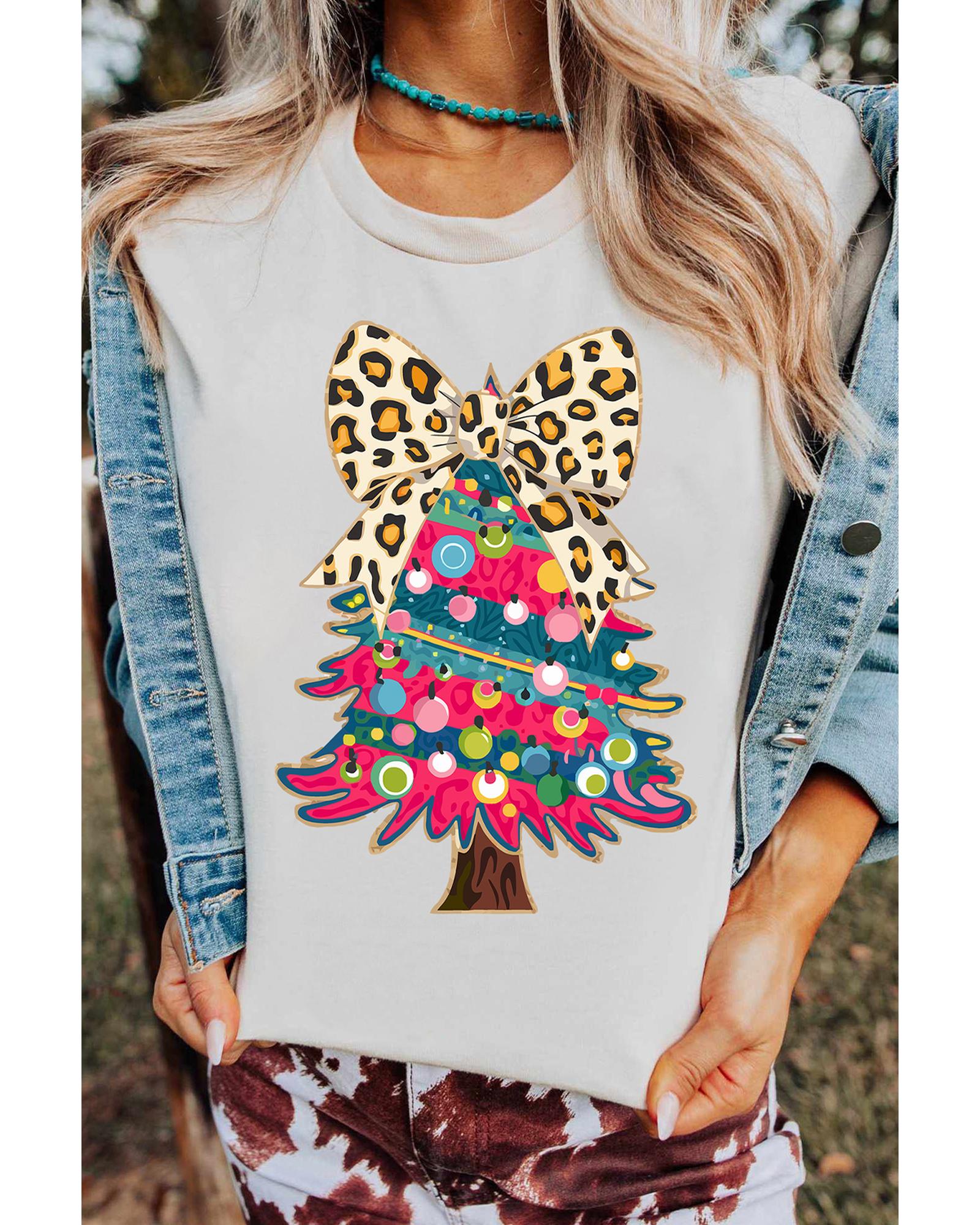 V539-AZEXDC25227168-1-M-202508300205-00 White Leopard Bow Decor Christmas Tree Graphic Crew Neck Tee - M - Image 1