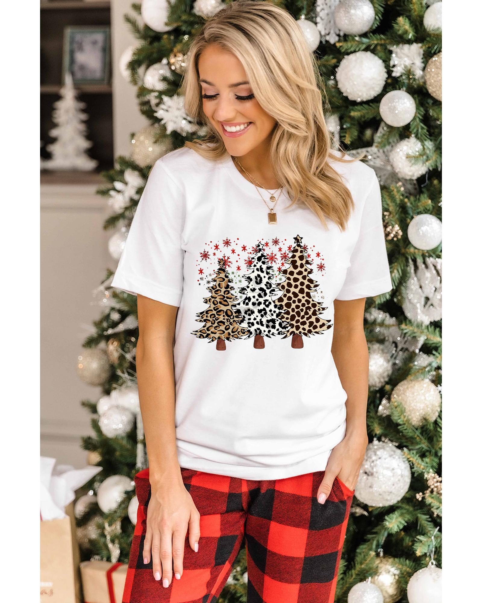 V539-AZEXDC25227169-1-2XL-202508280150-00 White Leopard Christmas Tree Graphic Crewneck Tee - 2XL - Image 1