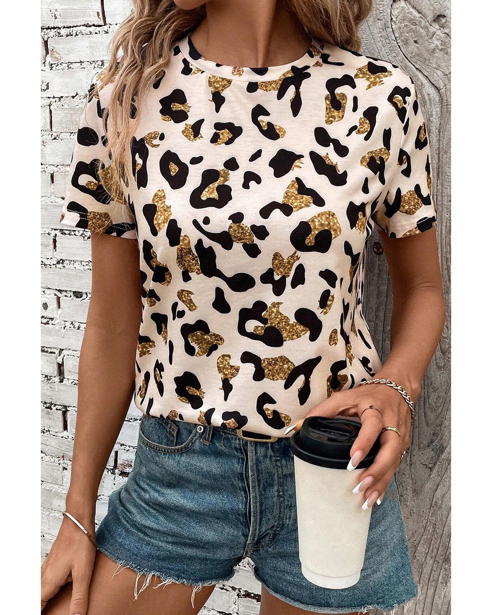 V539-AZEXDC25227199-P1820-L-202508300300-00 Apricot Leopard Print Round Neck Casual T Shirt - L - Image 1