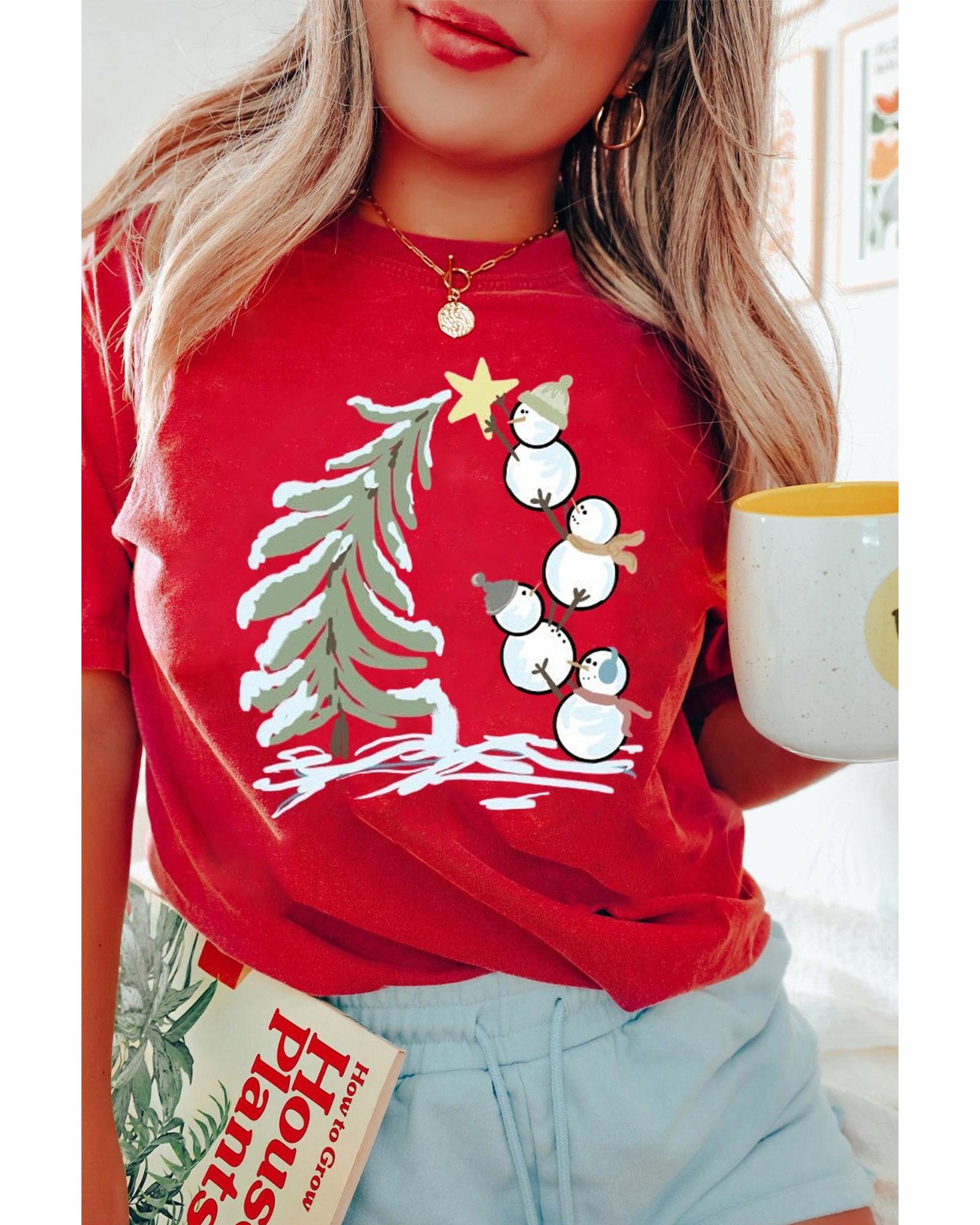 V539-AZEXDC25227225-103-S-202506122030-00 Red Christmas Tree Snowman Printed Crewneck T Shirt - S - Image 1