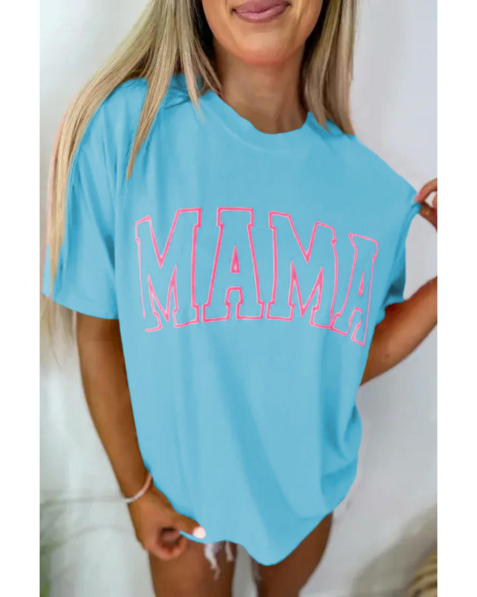V539-AZEXDC25227305-P4-S-202506121546-00 Light Blue MAMA Letter Graphic Neon T Shirt - S - Image 1