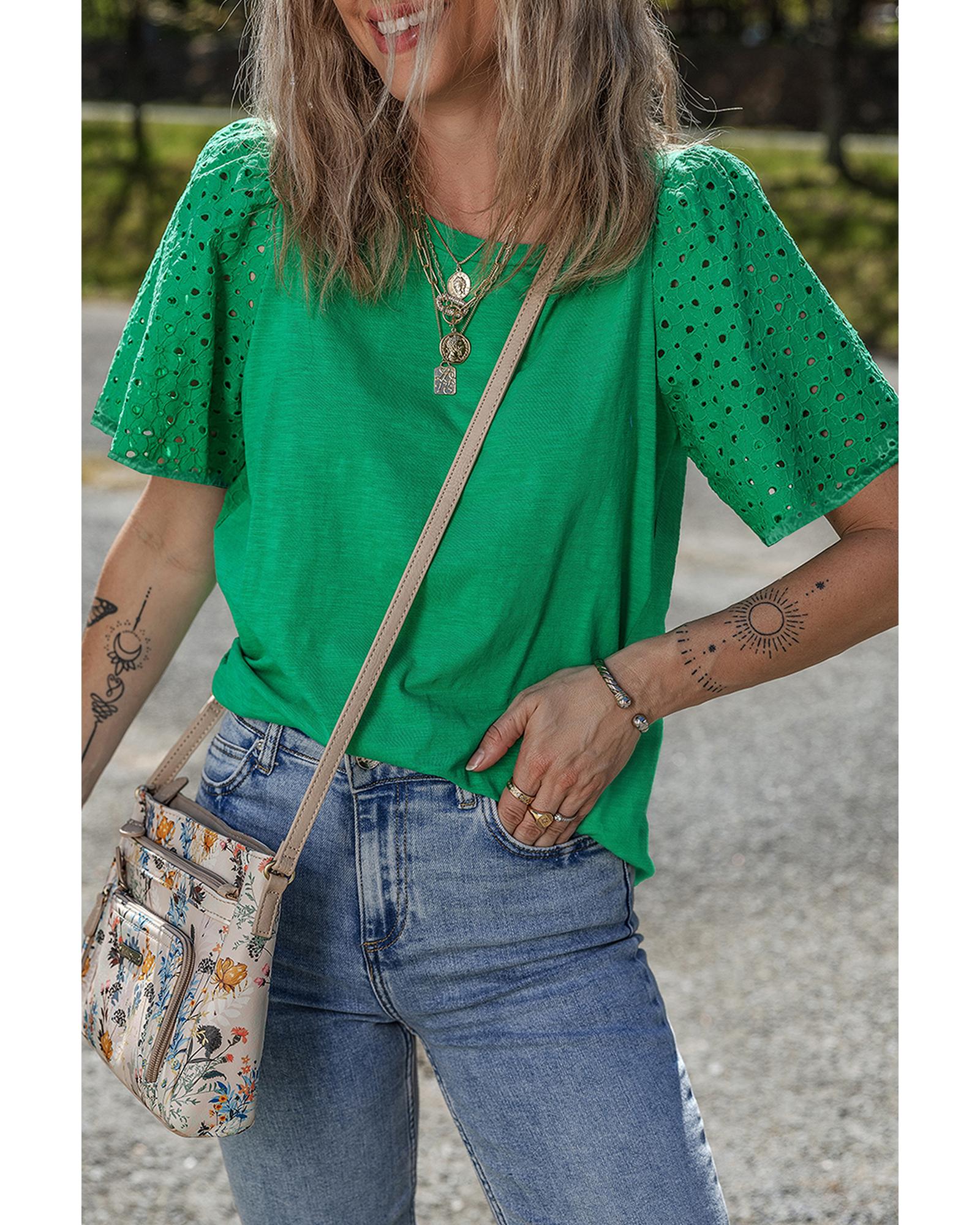 V539-AZEXDC25227315-P109-S-202506121610-00 Bright Green Eyelet Embroidered Patchwork Shift Top - S - Image 1