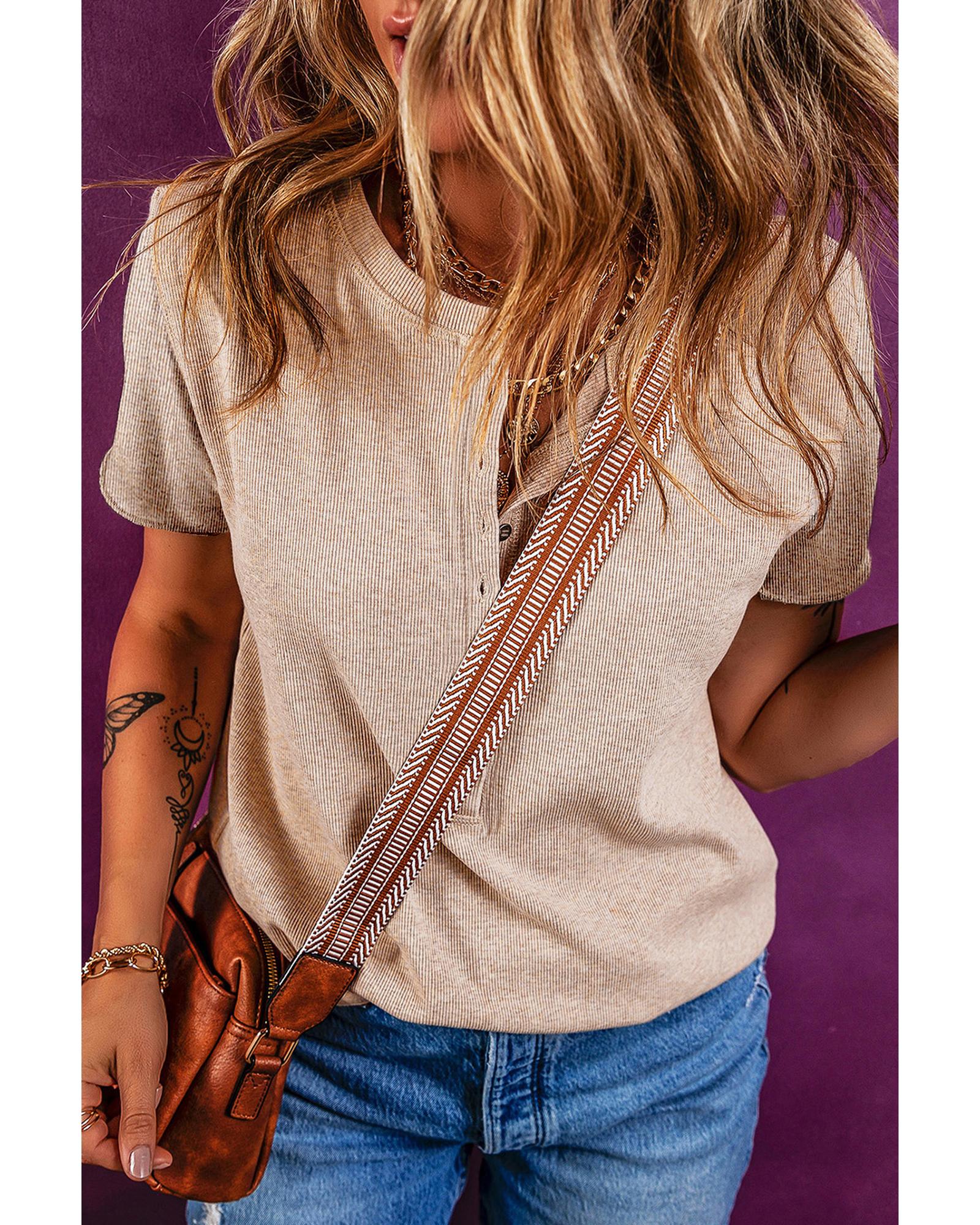 V539-AZEXDC25227320-P1015-S-202506121612-00 Oatmeal Short Sleeve Half Button Ribbed Knit Top - S - Image 1