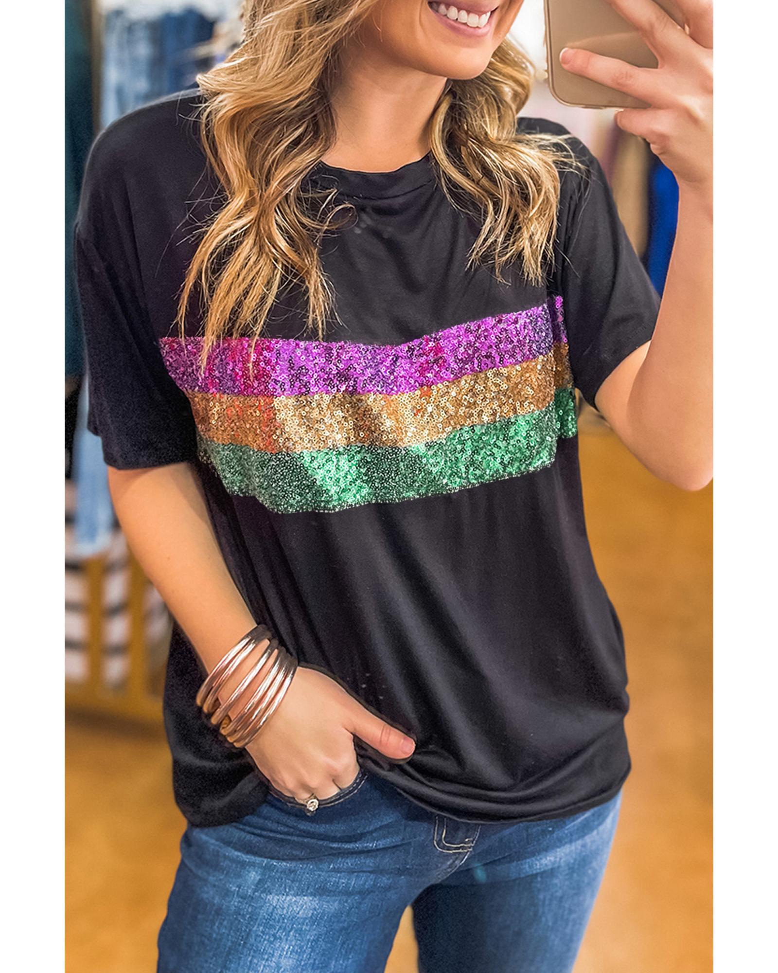 V539-AZEXDC25227549-P2-L-202508272310-00 Black Sequin Stripes Patchwork Mardi Gras Crew Neck T Shirt - L - Image 1