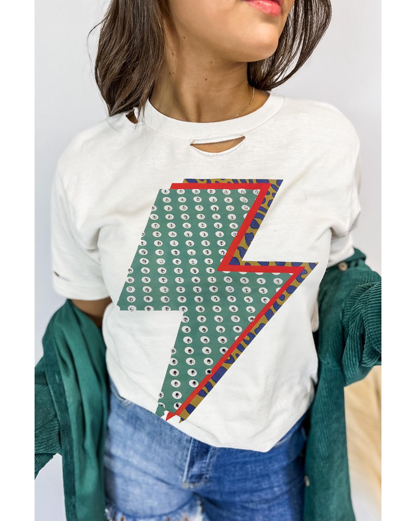 V539-AZEXDC25227570-P1-M-202508271320-00 White Rhinestone Decor Bolt Graphic Ripped Western Tee - M - Image 1