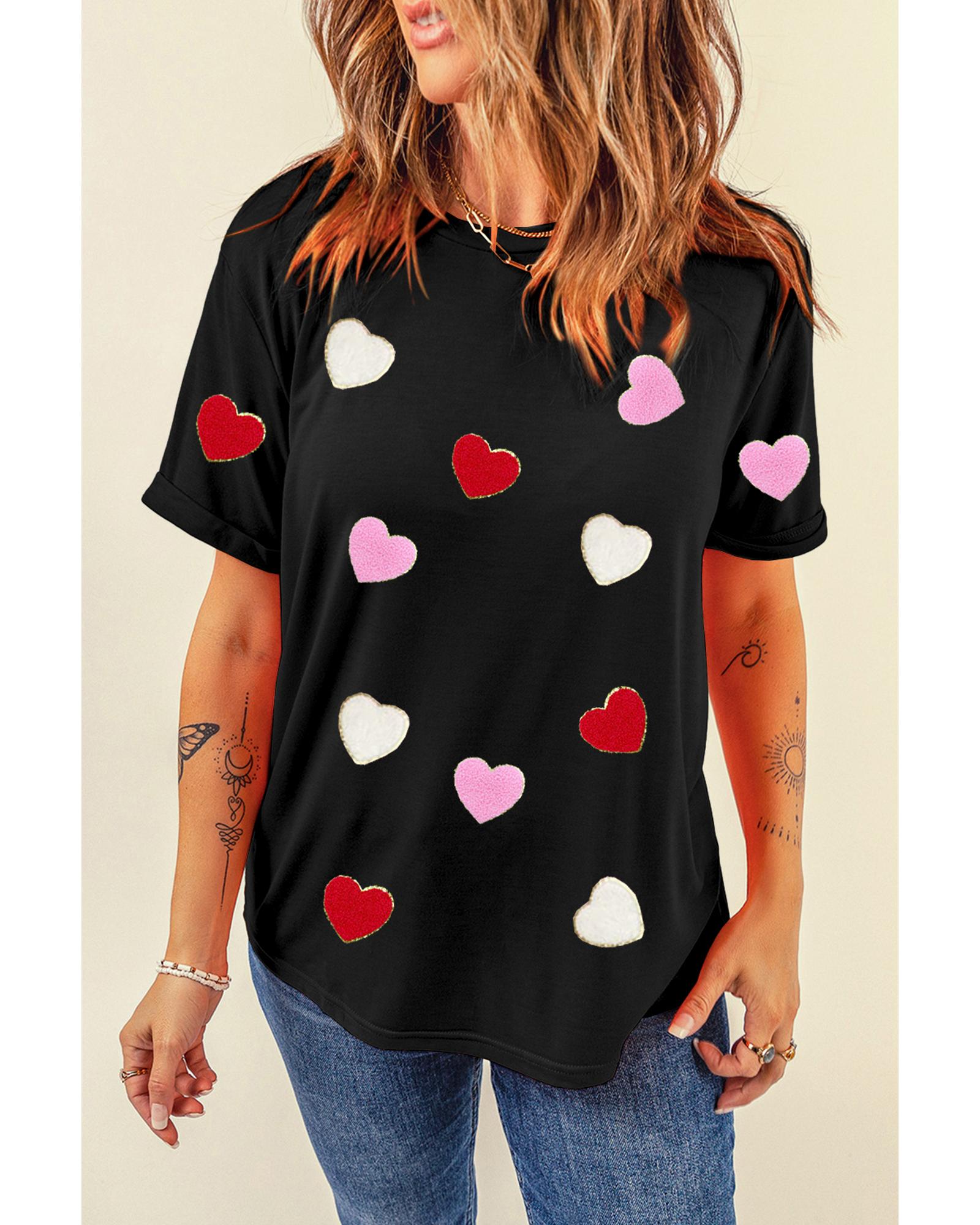 V539-AZEXDC25227608-2-L-202508291430-00 Black Valentines Chenille Heart Patched Pattern Crewneck Tee - L - Image 1