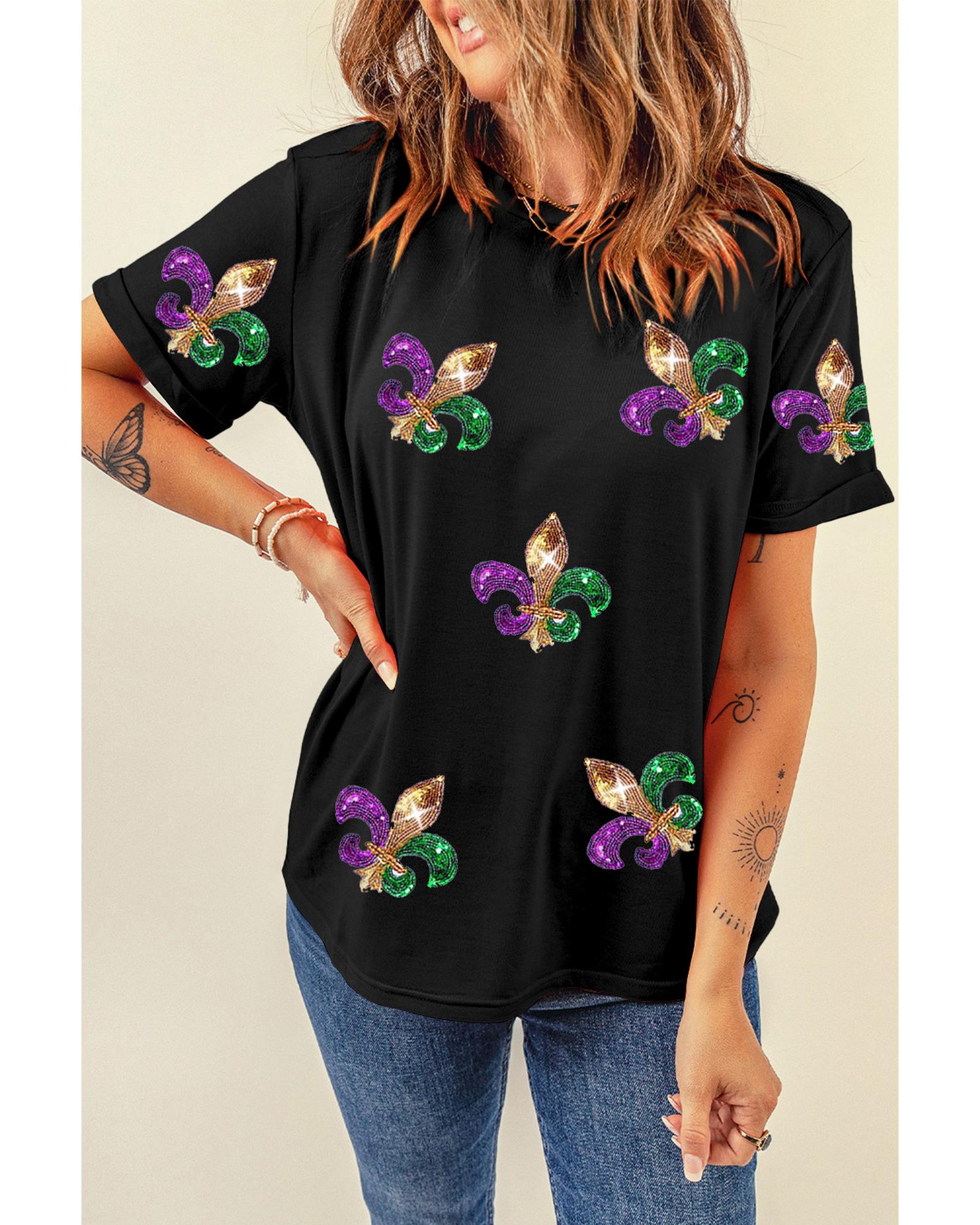 V539-AZEXDC25227609-2-L-202508300525-00 Black Mardi Gras Symbol Patched Crewneck T Shirt - L - Image 1