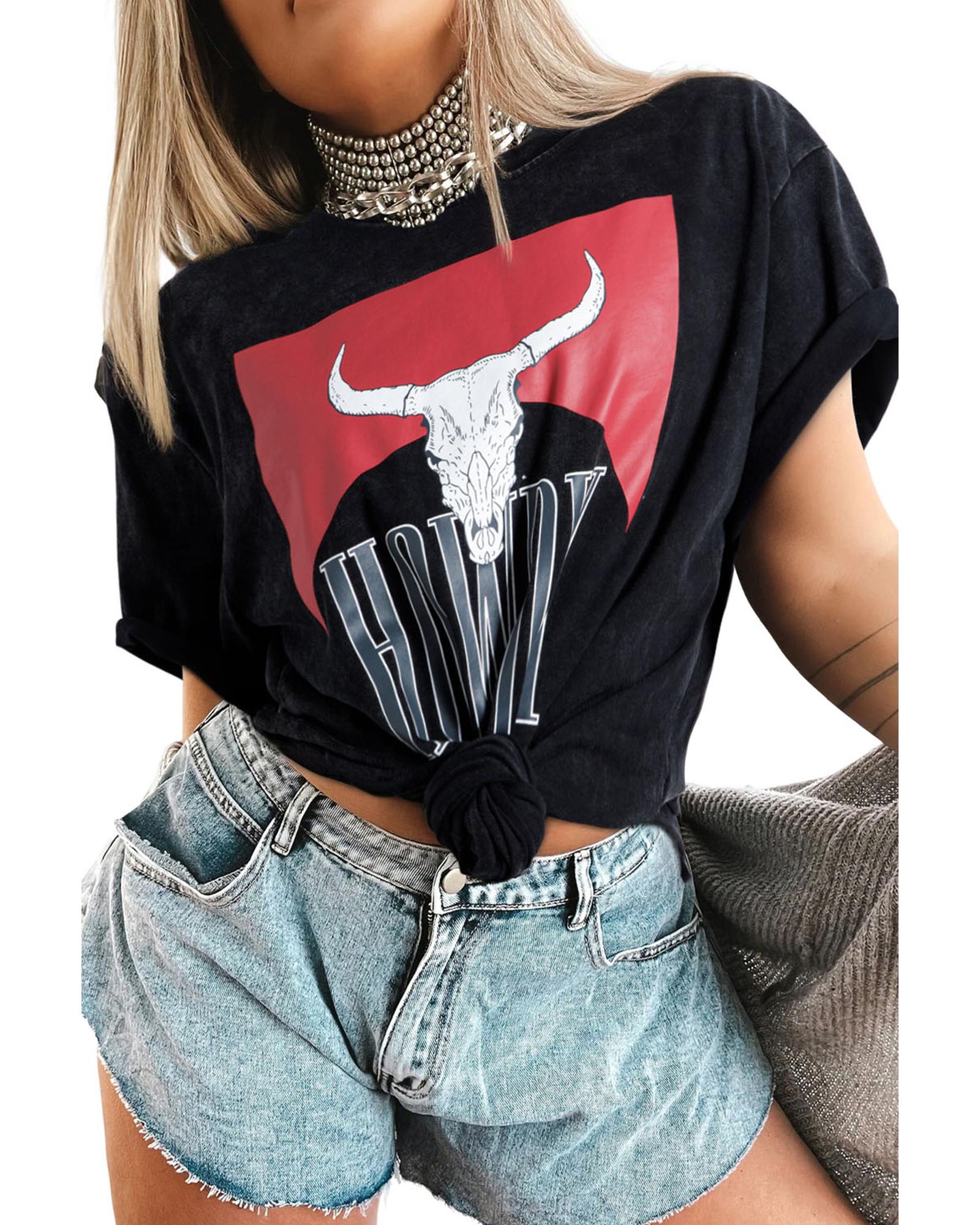 V539-AZEXDC25227666-P2-XL-202508292315-00 Black Western HOWDY Steer Head Print Side Slits Loose Fit T Shirt - XL - Image 1