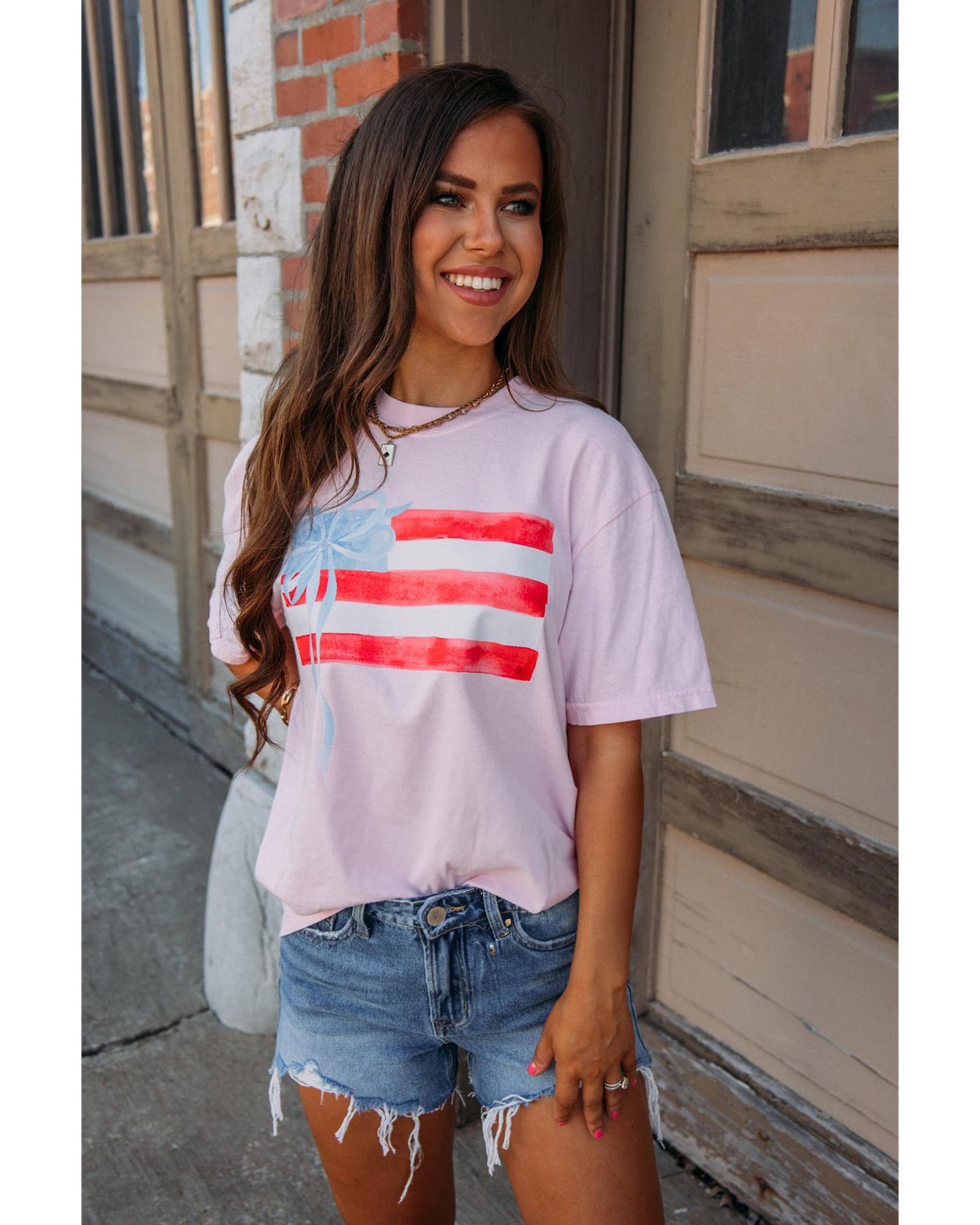 V539-AZEXDC25227753-P1010-S-202508281940-00 Light Pink Flag Bow Graphic Crewneck Tee - S - Image 1