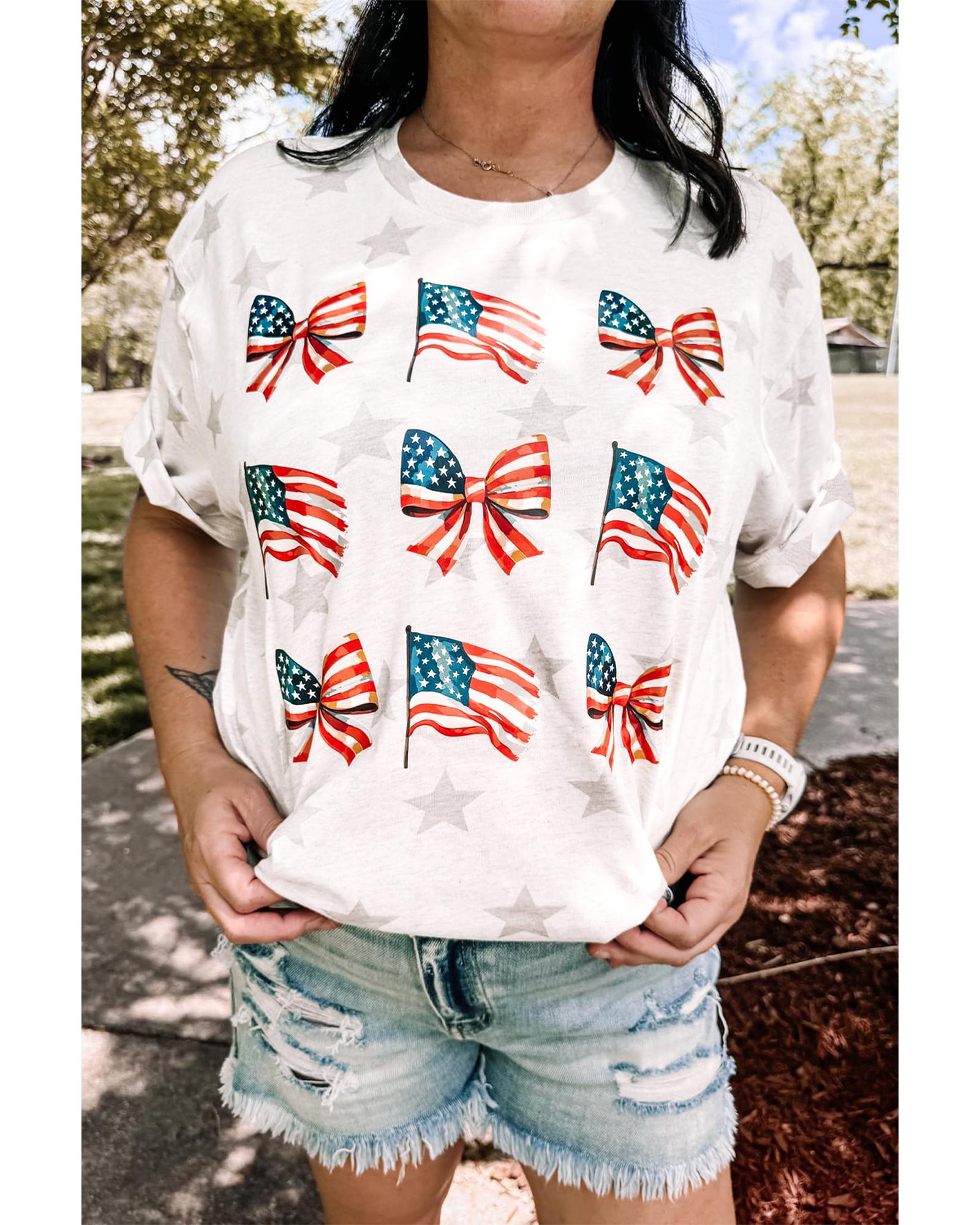 V539-AZEXDC25227758-P1620-L-202508280945-00 Khaki Patriotic Flag Bow Graphic Starry Round Neck T Shirt - L - Image 1