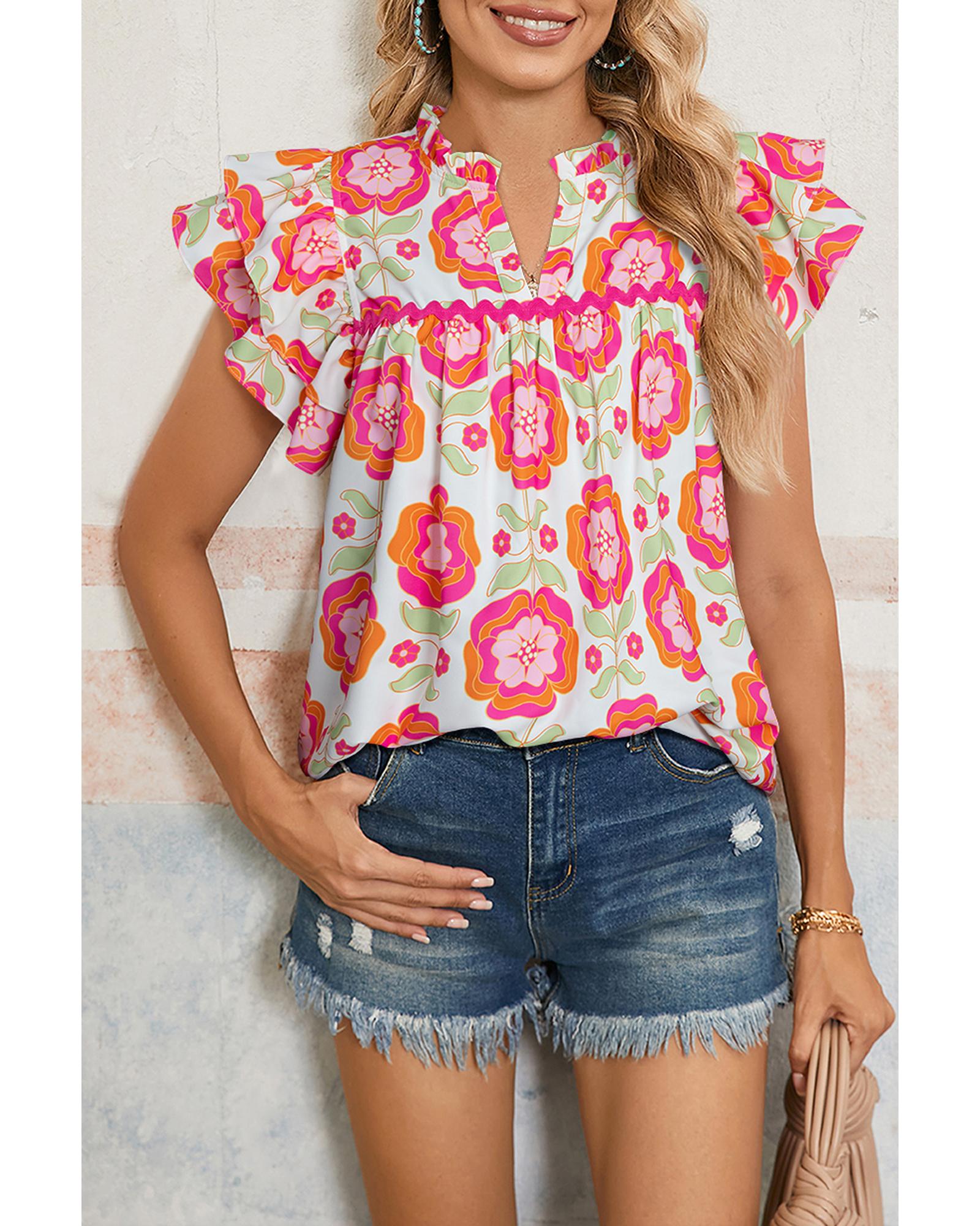 V539-AZEXDC25227798-P620-M-202506121542-00 Rose Floral Ruffled Sleeve Ric-rac Trim Split Neck Loose Blouse - M - Image 1