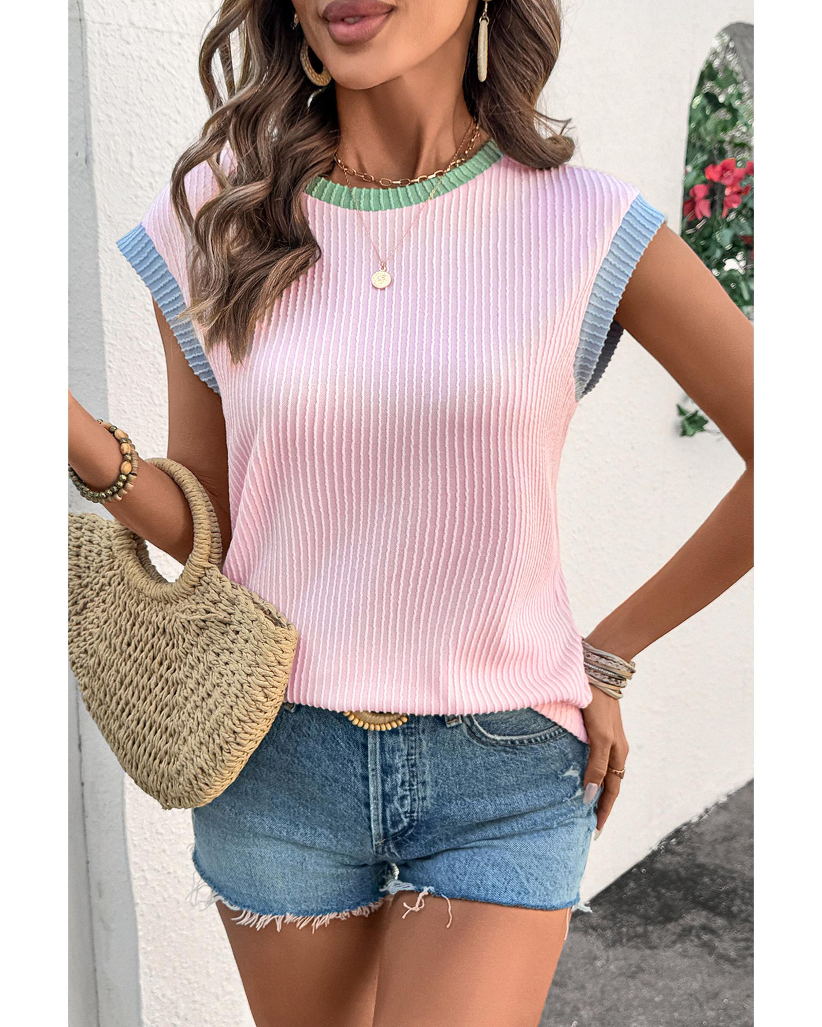 V539-AZEXDC25227942-P1022-L-202508281830-00 Pink Color Block Corded Knit Crew Neck Tee - L - Image 1