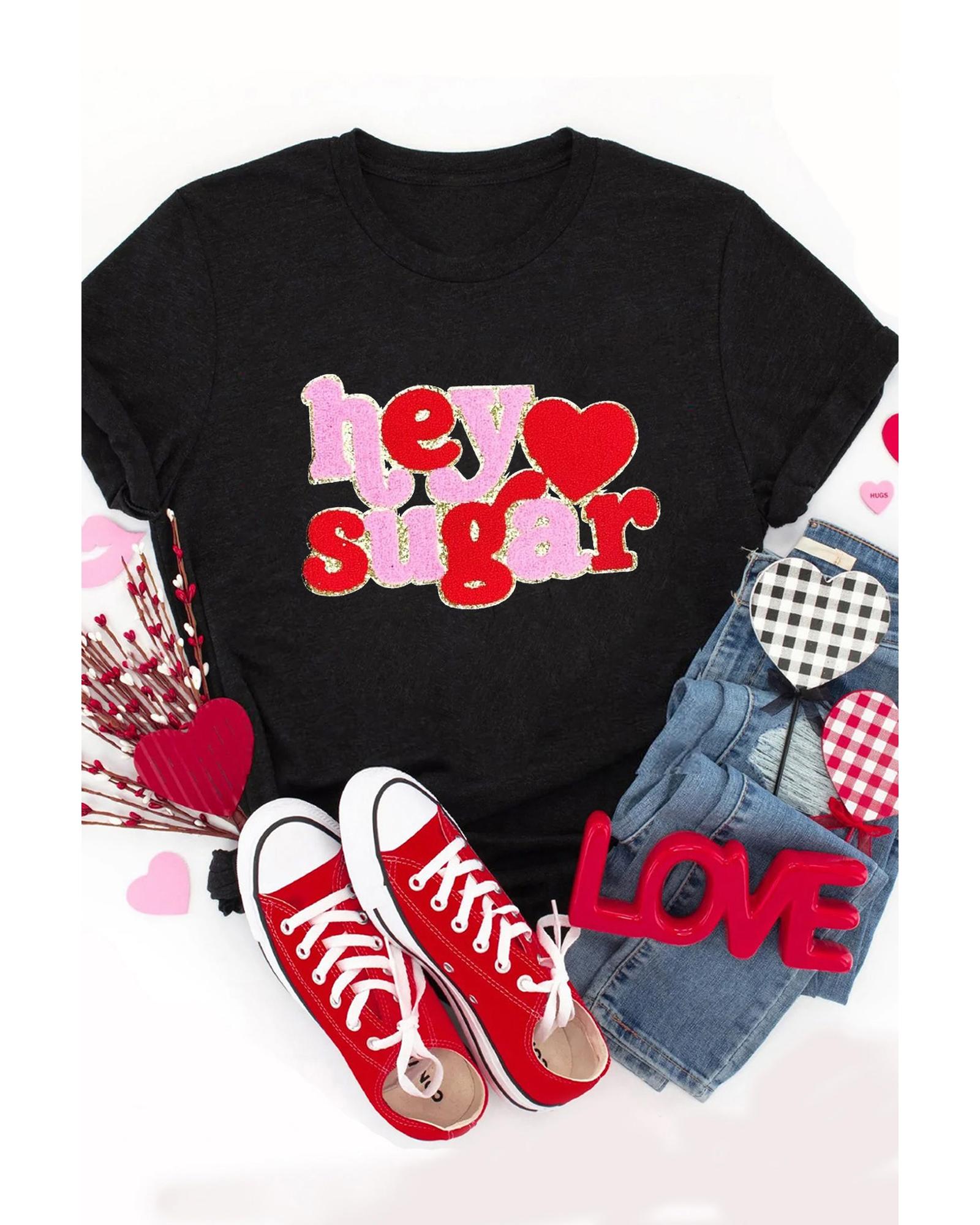 V539-AZEXDC25227982-2-L-202508280345-00 Black Chenille Heart hey sugar Patched Crewneck Valentines Tee - L - Image 1