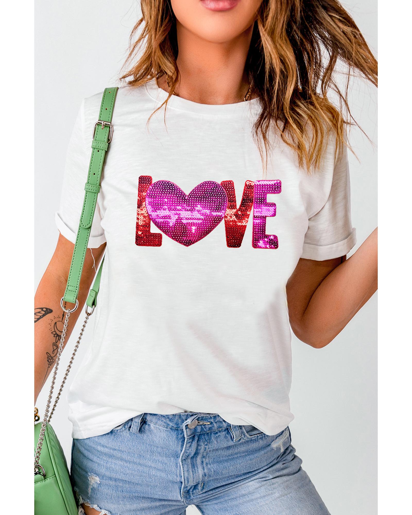 V539-AZEXDC25227984-1-2XL-202508291540-00 White Heart LOVE Patched Pattern Crewneck Valentines T Shirt - 2XL - Image 1