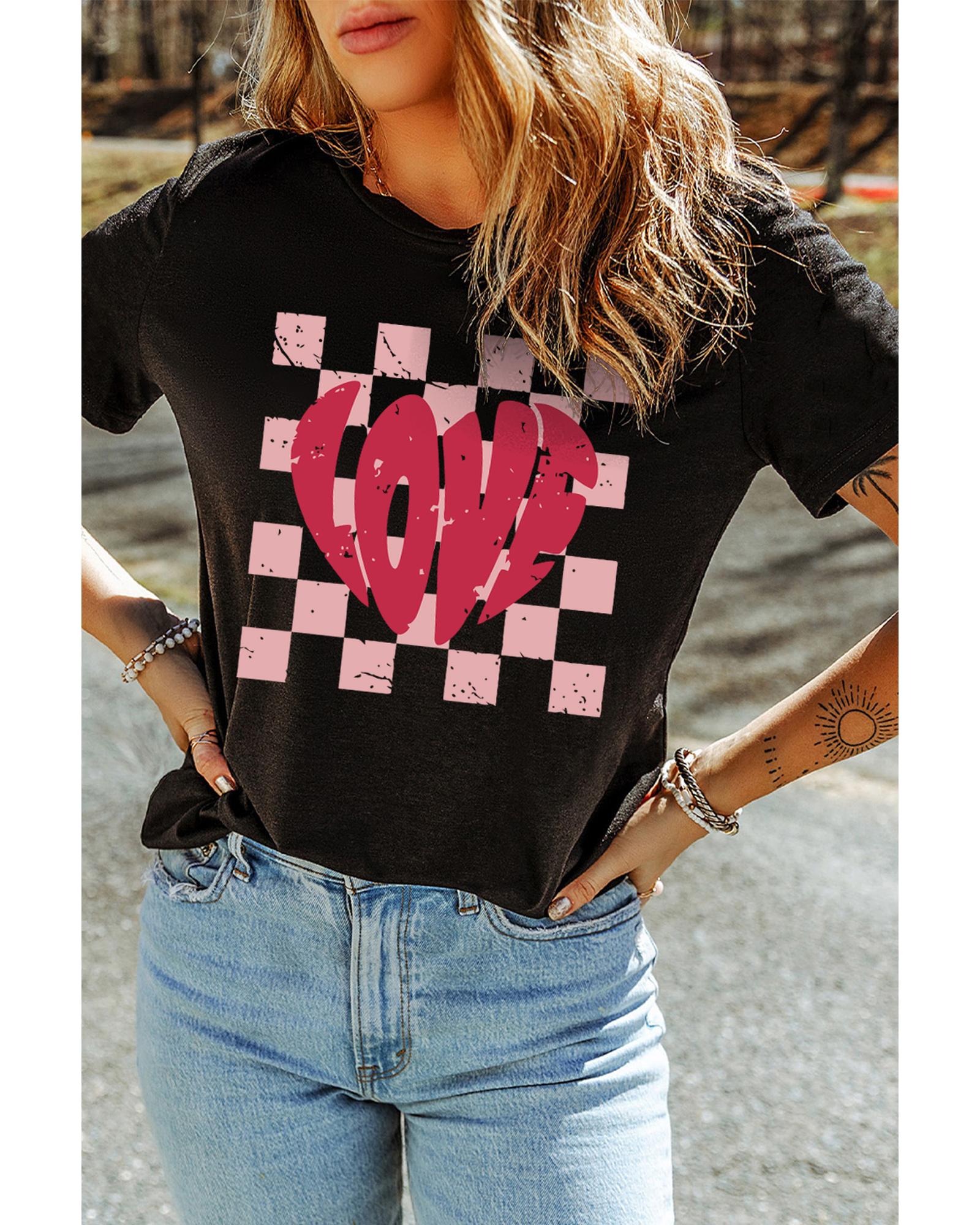 V539-AZEXDC25228033-2-XL-202508300315-00 Black LOVE Checkered Graphic Valentine Tee - XL - Image 1