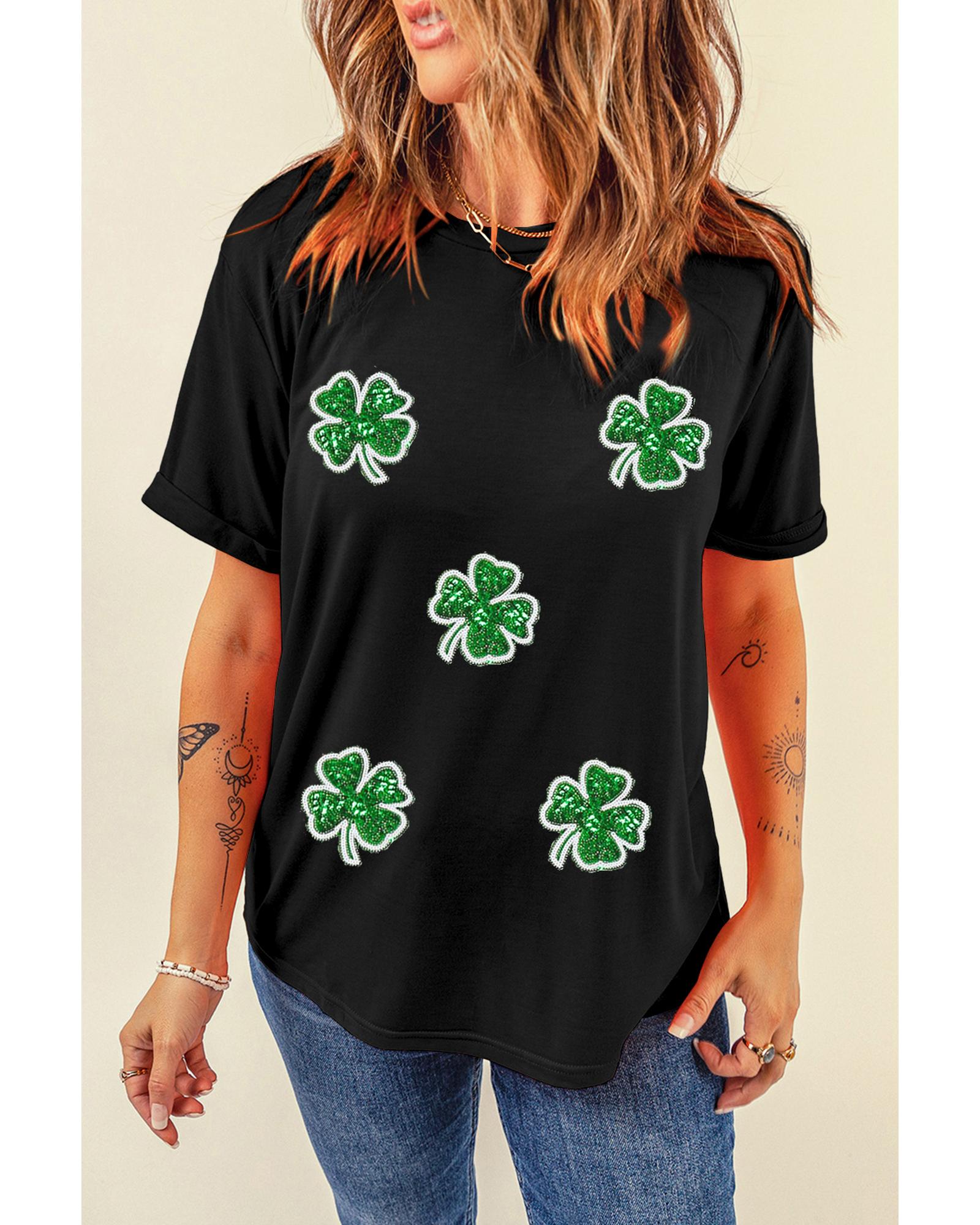 V539-AZEXDC25228037-2-XL-202508270700-00 Black Four Leaf Clover Graphic St. Patricks Crewneck Tee - XL - Image 1