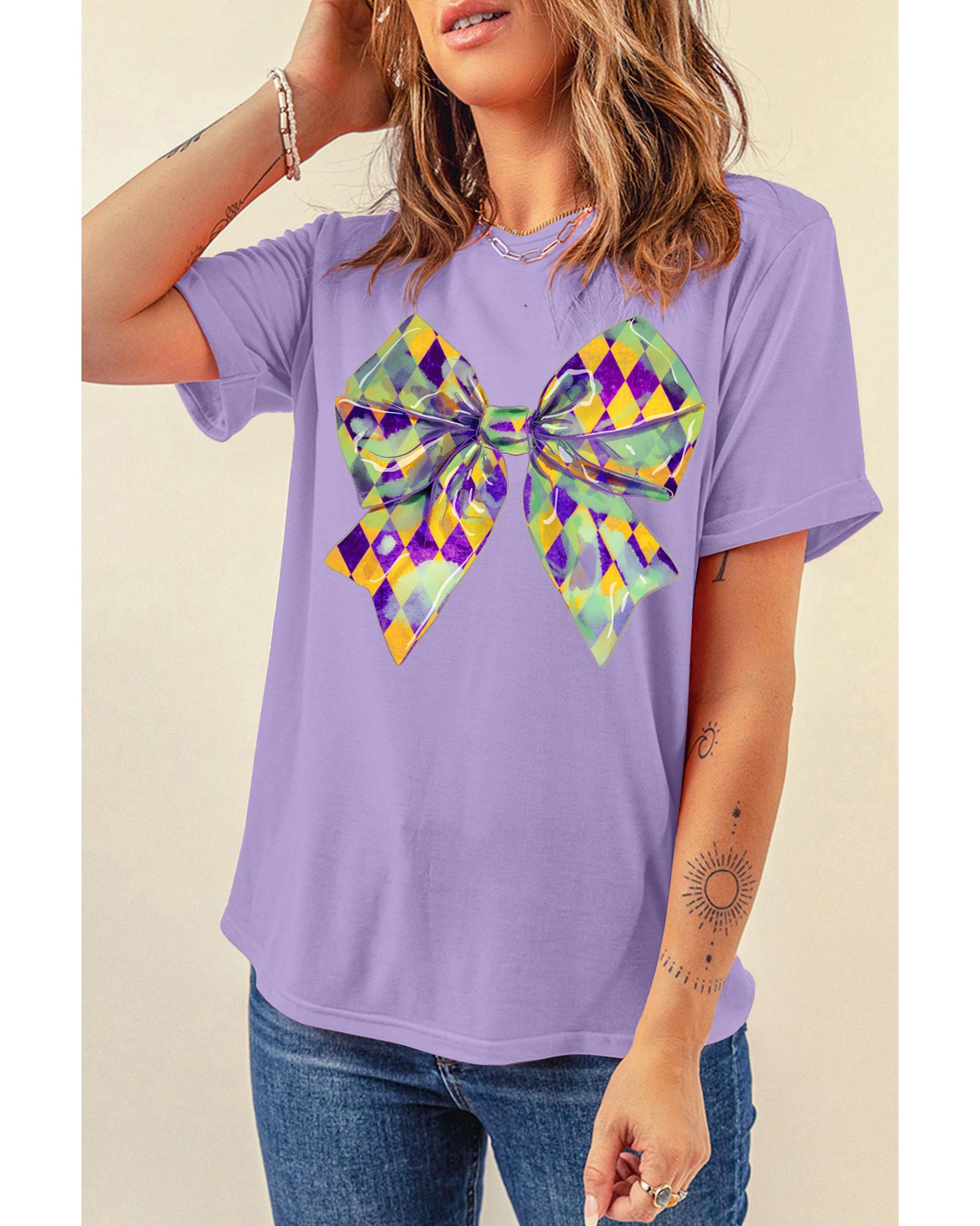 V539-AZEXDC25228042-P208-XL-202506130006-00 Wisteria Mardi Gras Bowknot Pattern Crew Neck T Shirt - XL - Image 1